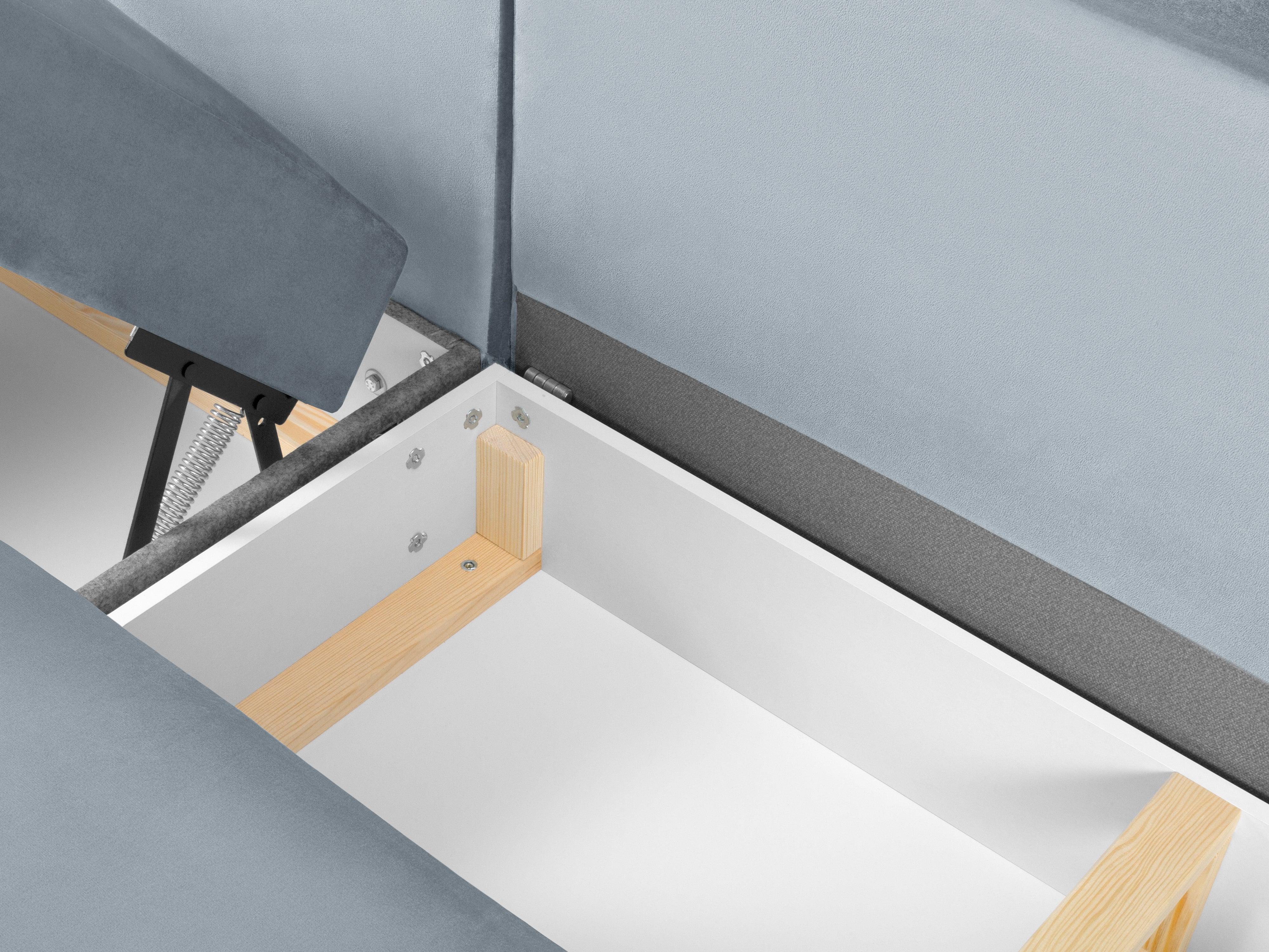 Narożnik prawostronny aksamitny panoramiczny z funkcją spania KYOTO jasnoniebieski ze złotą podstawą do salonu – styl nowocze