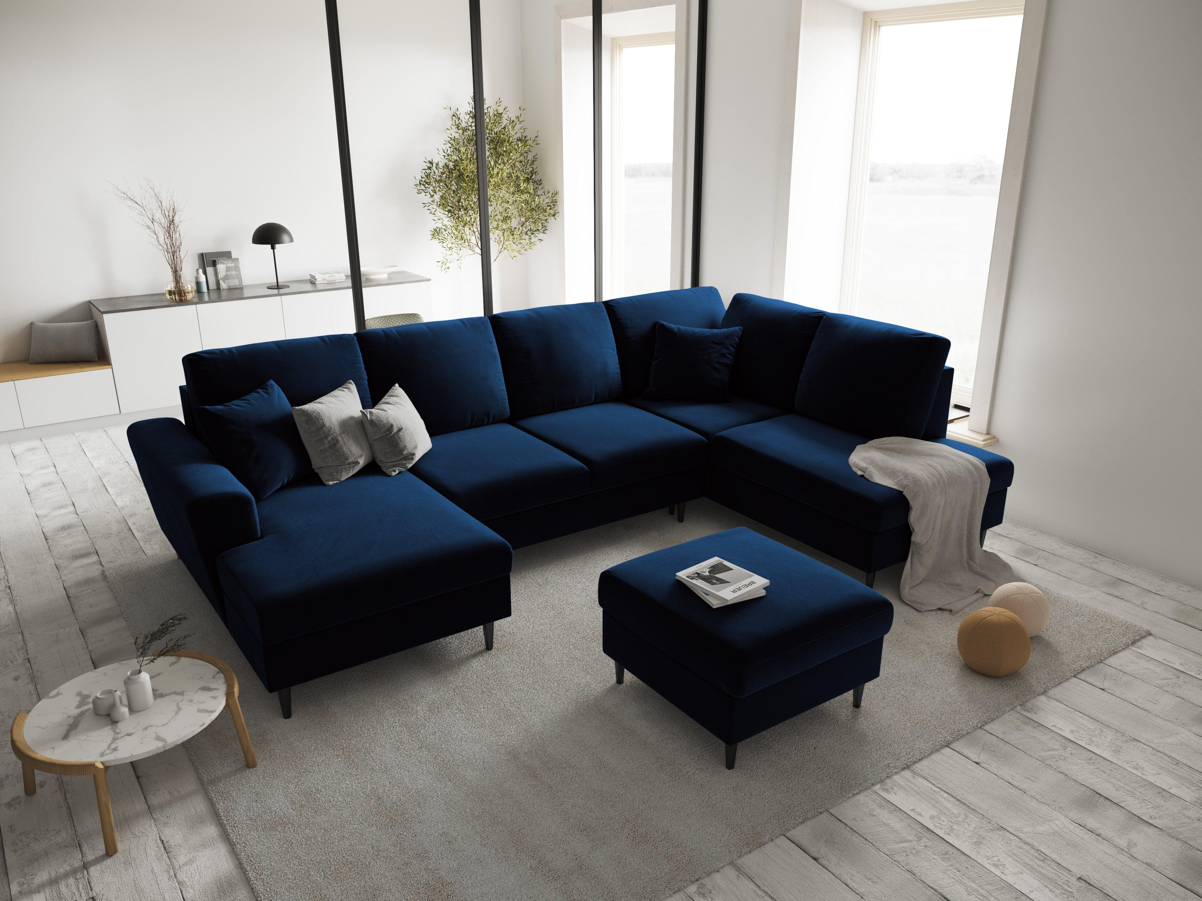 Narożnik prawostronny aksamitny panoramiczny z funkcją spania KYOTO niebieski z czarną podstawą Cosmopolitan Design Eye on Design