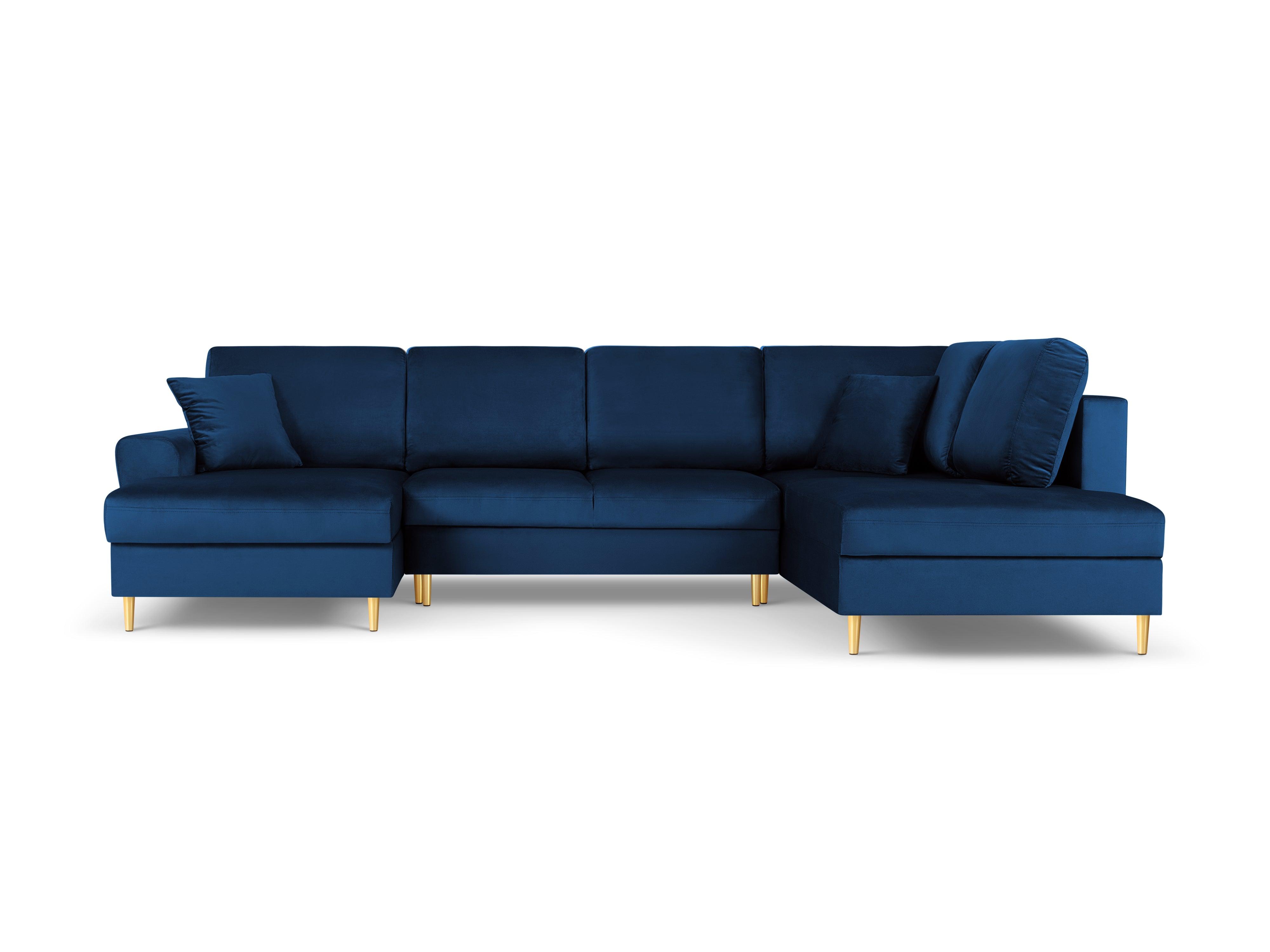 Narożnik prawostronny aksamitny panoramiczny z funkcją spania KYOTO niebieski ze złotą podstawą Cosmopolitan Design Eye on Design
