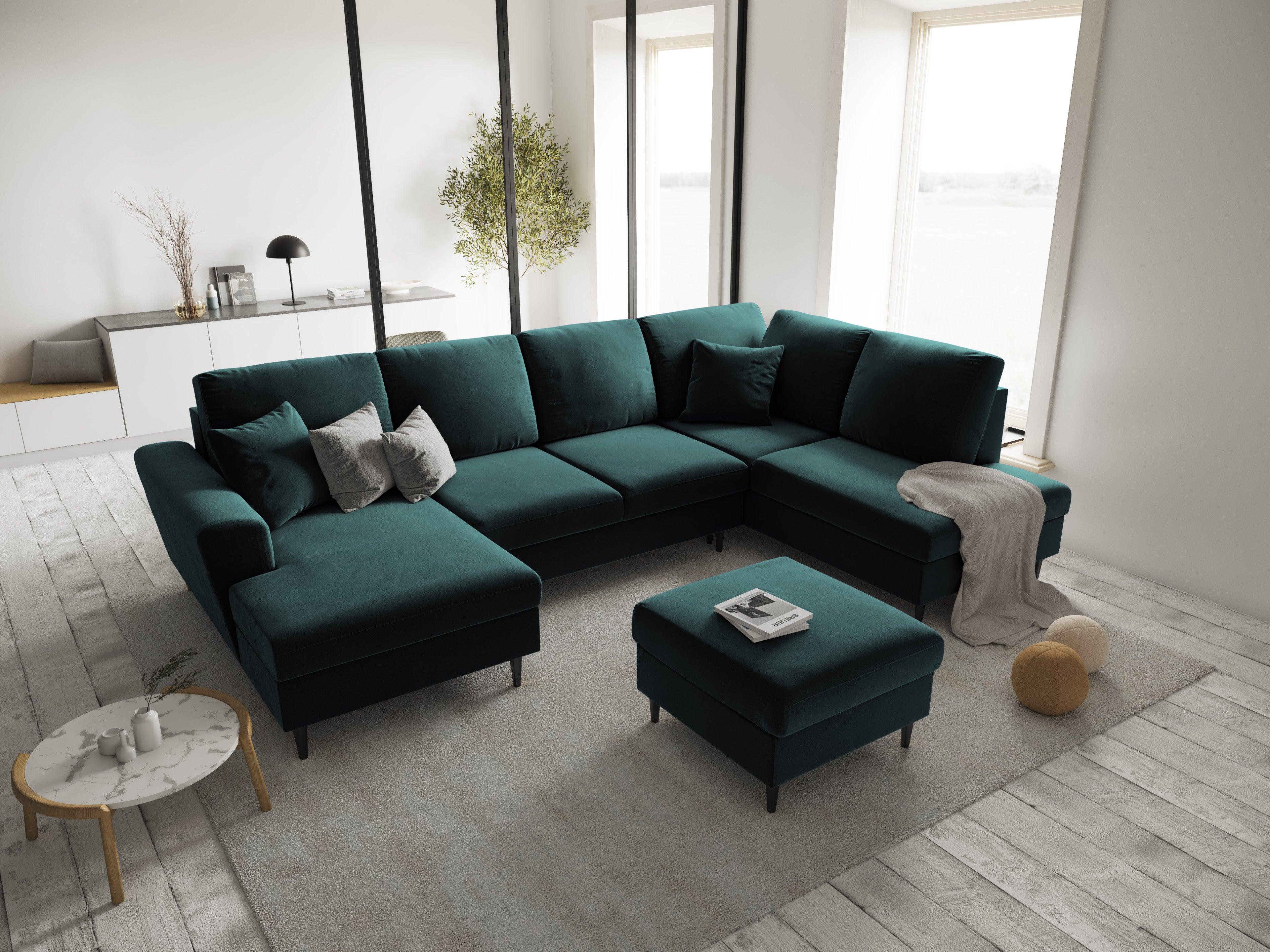 Narożnik prawostronny aksamitny panoramiczny z funkcją spania KYOTO petrol z czarną podstawą Cosmopolitan Design Eye on Design