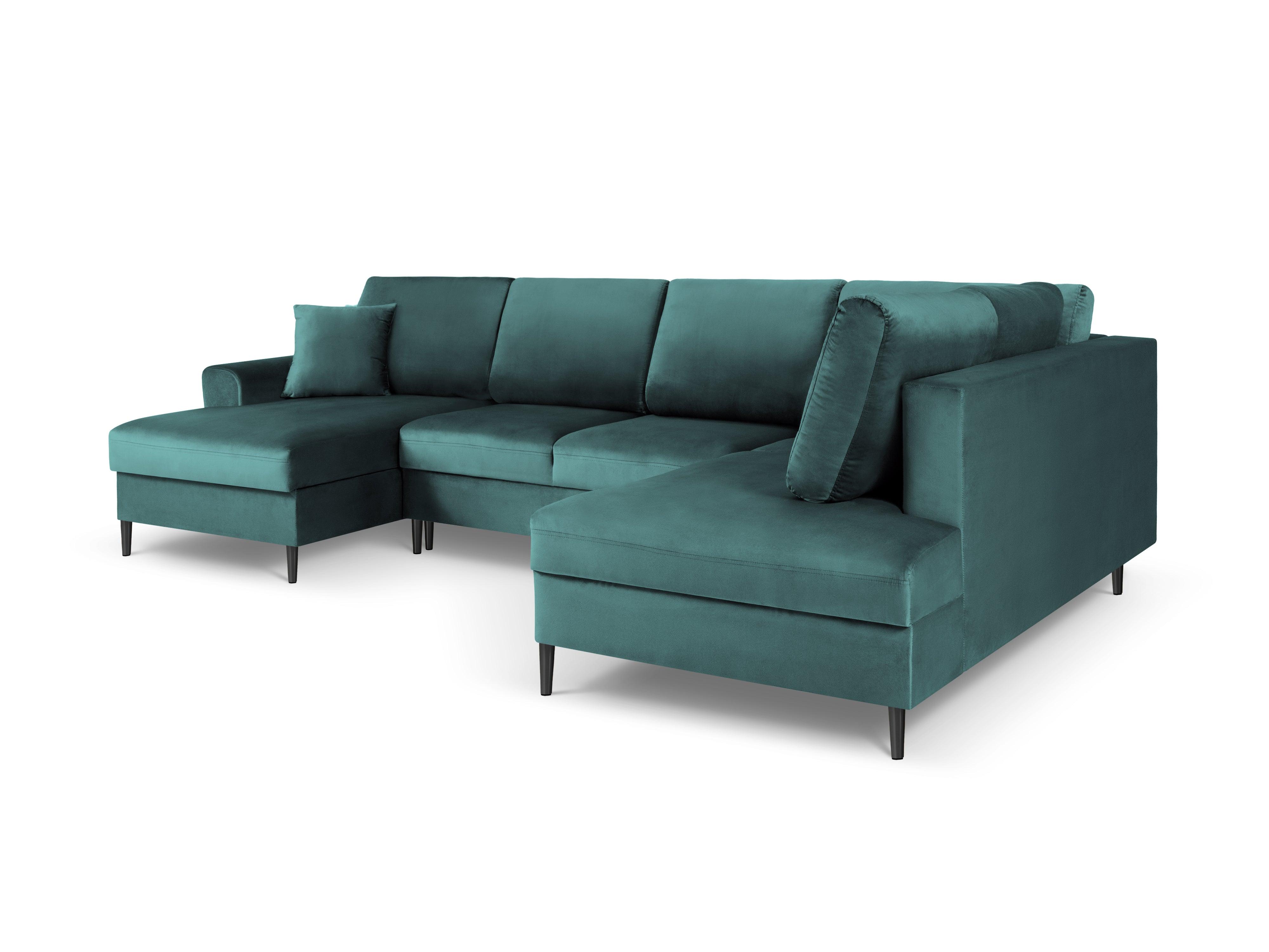 Narożnik prawostronny aksamitny panoramiczny z funkcją spania KYOTO petrol z czarną podstawą Cosmopolitan Design Eye on Design