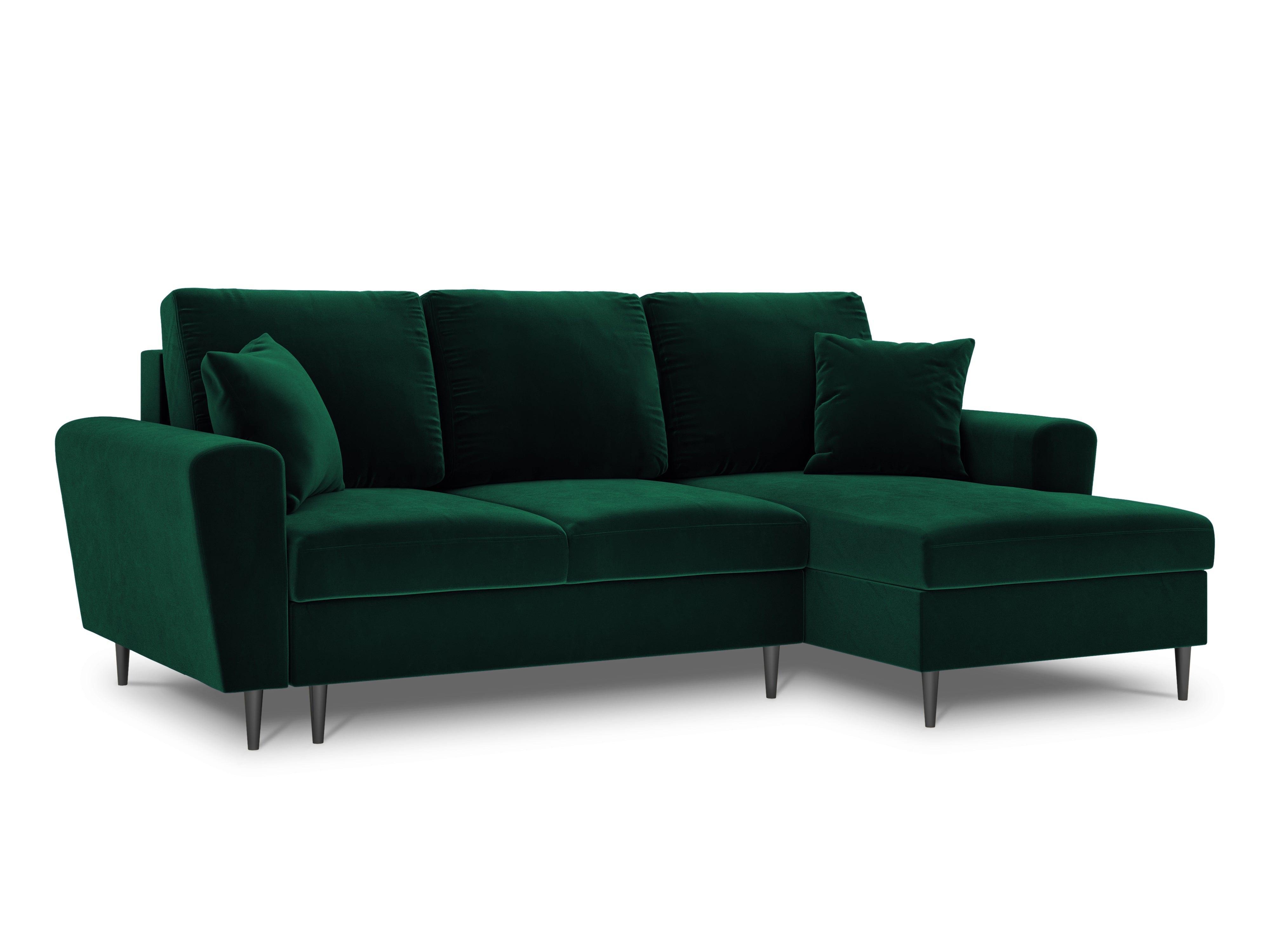 Narożnik prawostronny aksamitny z funkcją spania KYOTO butelkowa zieleń z czarną podstawą Cosmopolitan Design Eye on Design