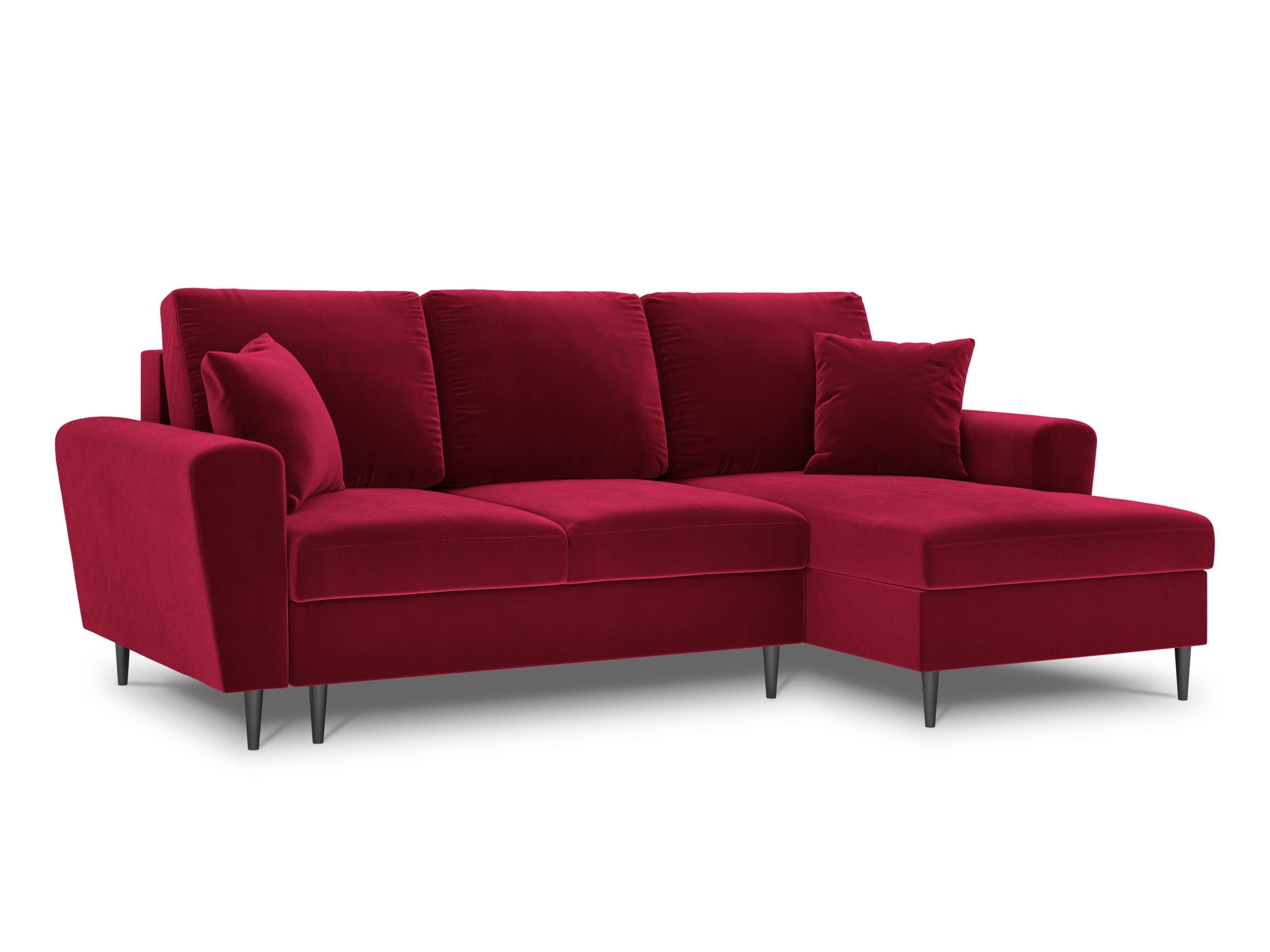 Narożnik prawostronny aksamitny z funkcją spania KYOTO czerwony z czarną podstawą Cosmopolitan Design Eye on Design