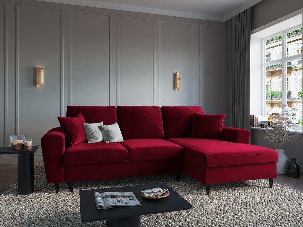 Narożnik prawostronny aksamitny z funkcją spania KYOTO czerwony z czarną podstawą Cosmopolitan Design Eye on Design