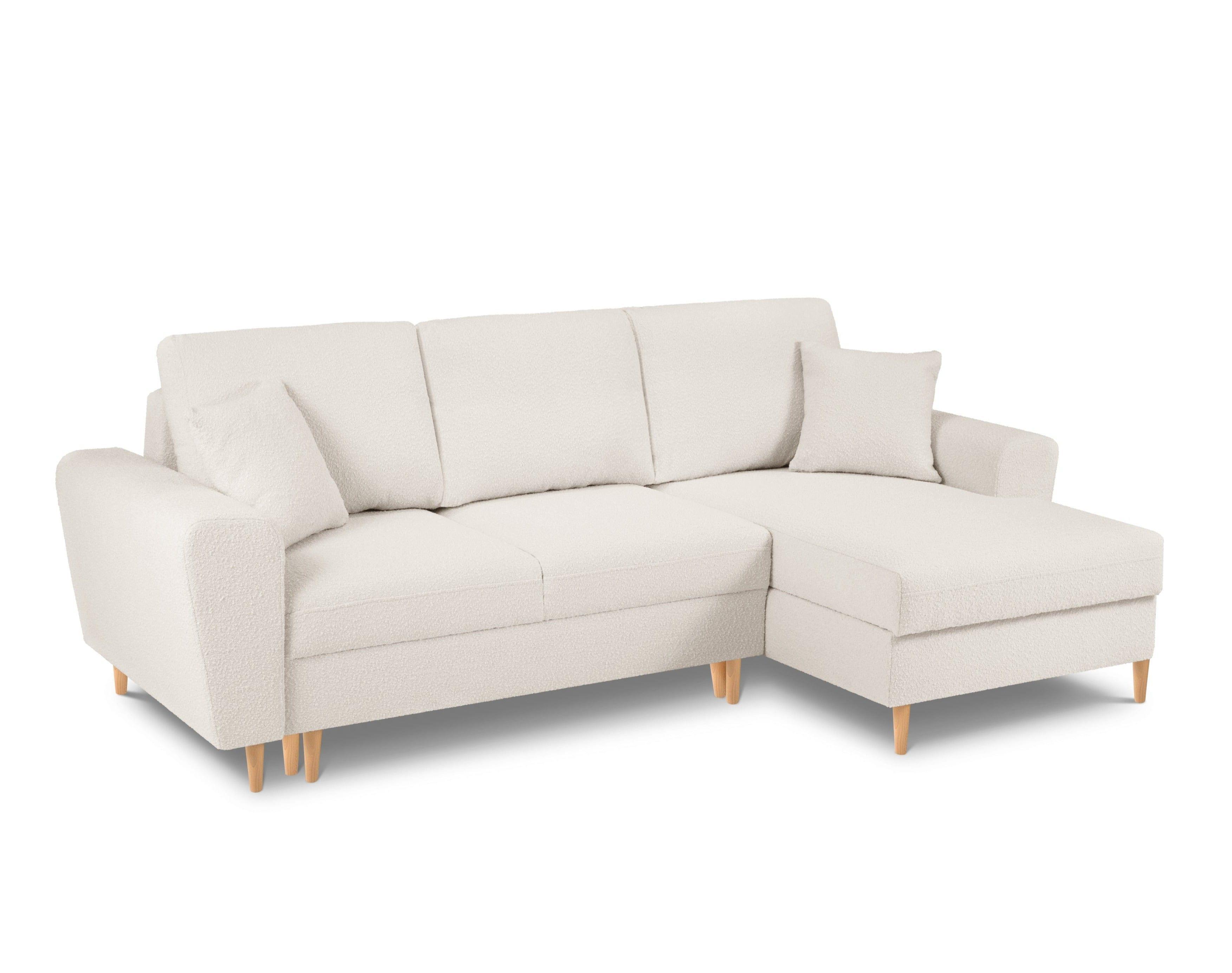 Narożnik prawostronny z funkcją spania KYOTO beżowy bouclé z drewnianą podstawą Cosmopolitan Design Eye on Design