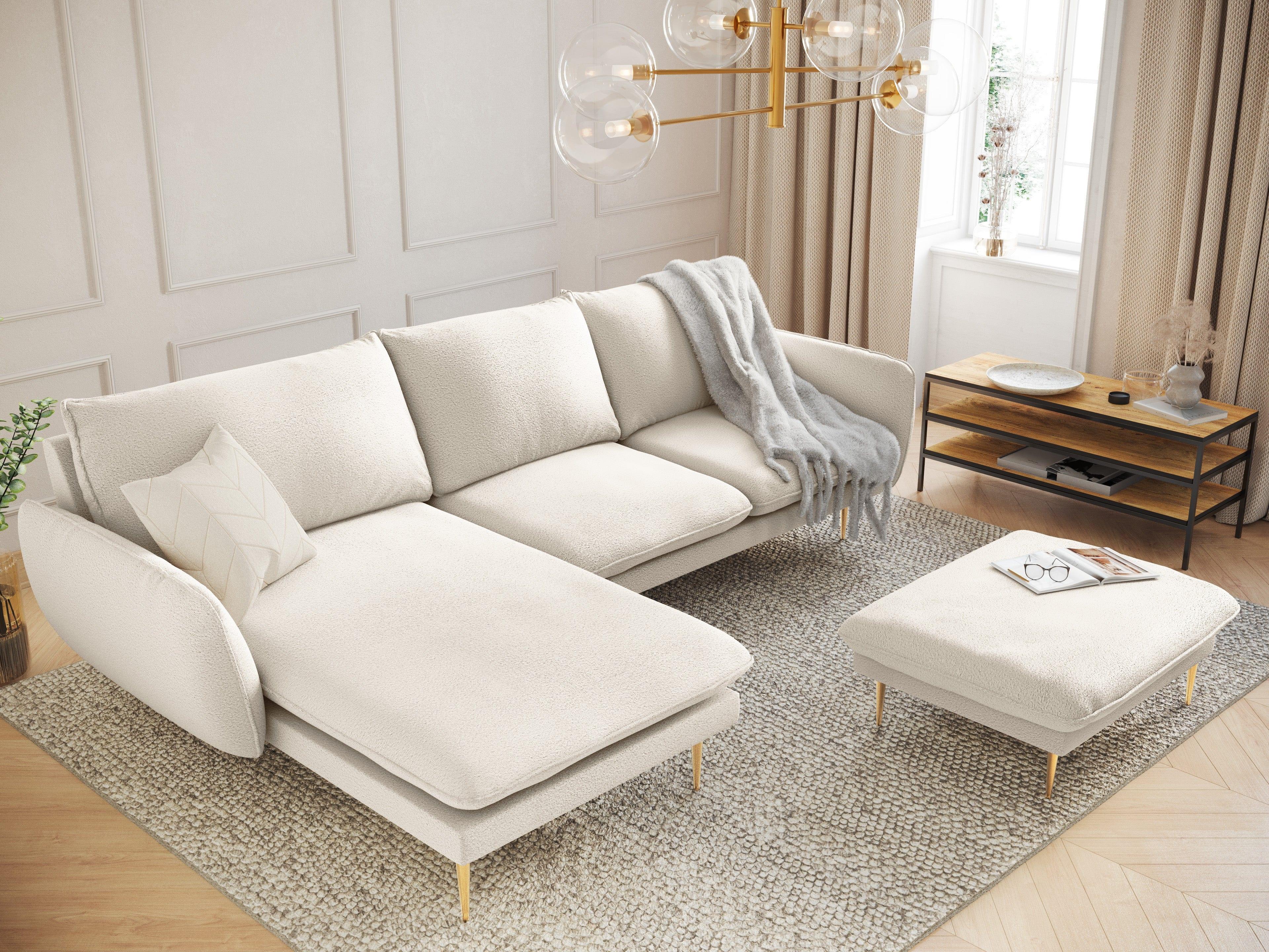 Narożnik w tkaninie boucle lewostronny VIENNA beżowy ze złotą podstawą Cosmopolitan Design Eye on Design