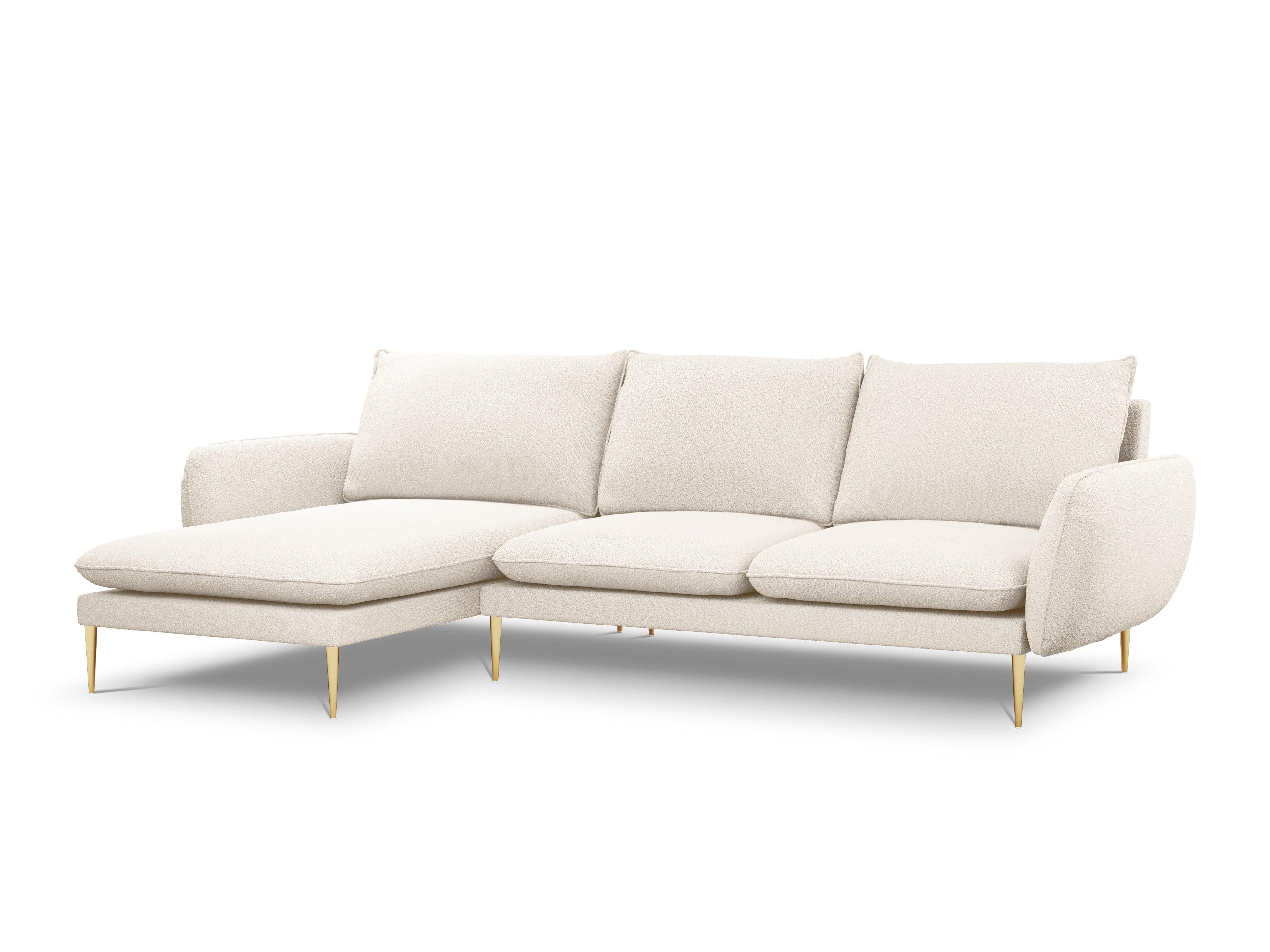 Narożnik w tkaninie boucle lewostronny VIENNA beżowy ze złotą podstawą Cosmopolitan Design Eye on Design