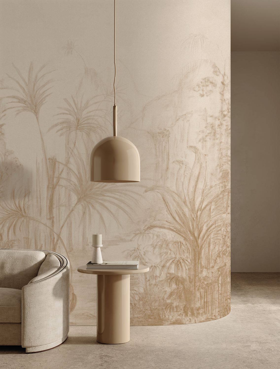 Brown linen-like mural with a plant landscape of a palm grove ARILLE