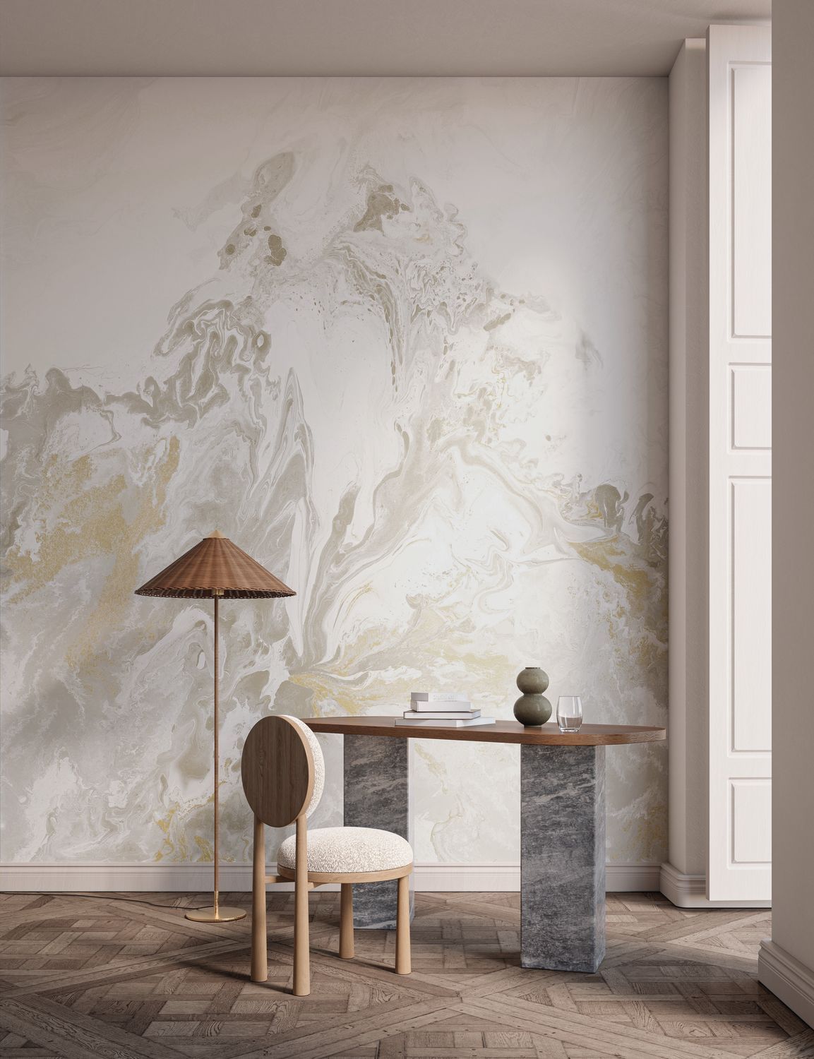Calacatta Gray Marble-Inspired Mural with Beige
