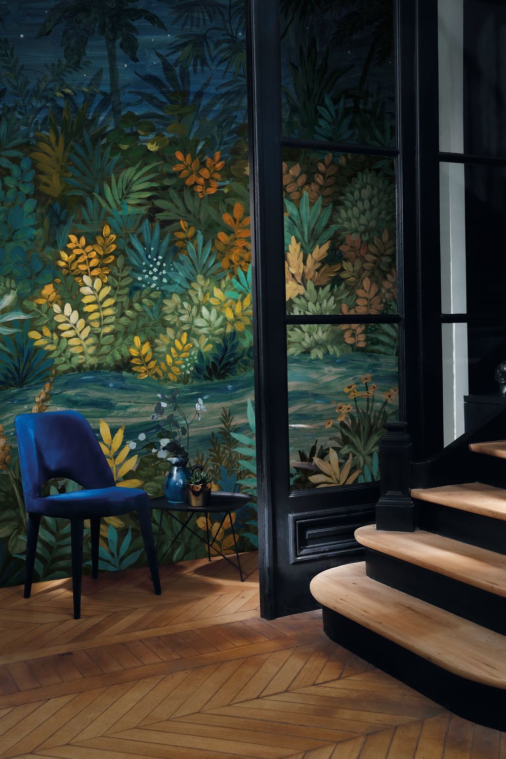 Wandbild mit tropischem Pflanzenmotiv NUIT ÉTOILÉE in Marineblau mit Grün