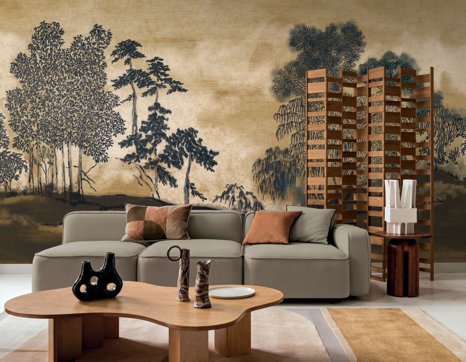 Mural with a Japanese Garden Landscape KORAKU Brown