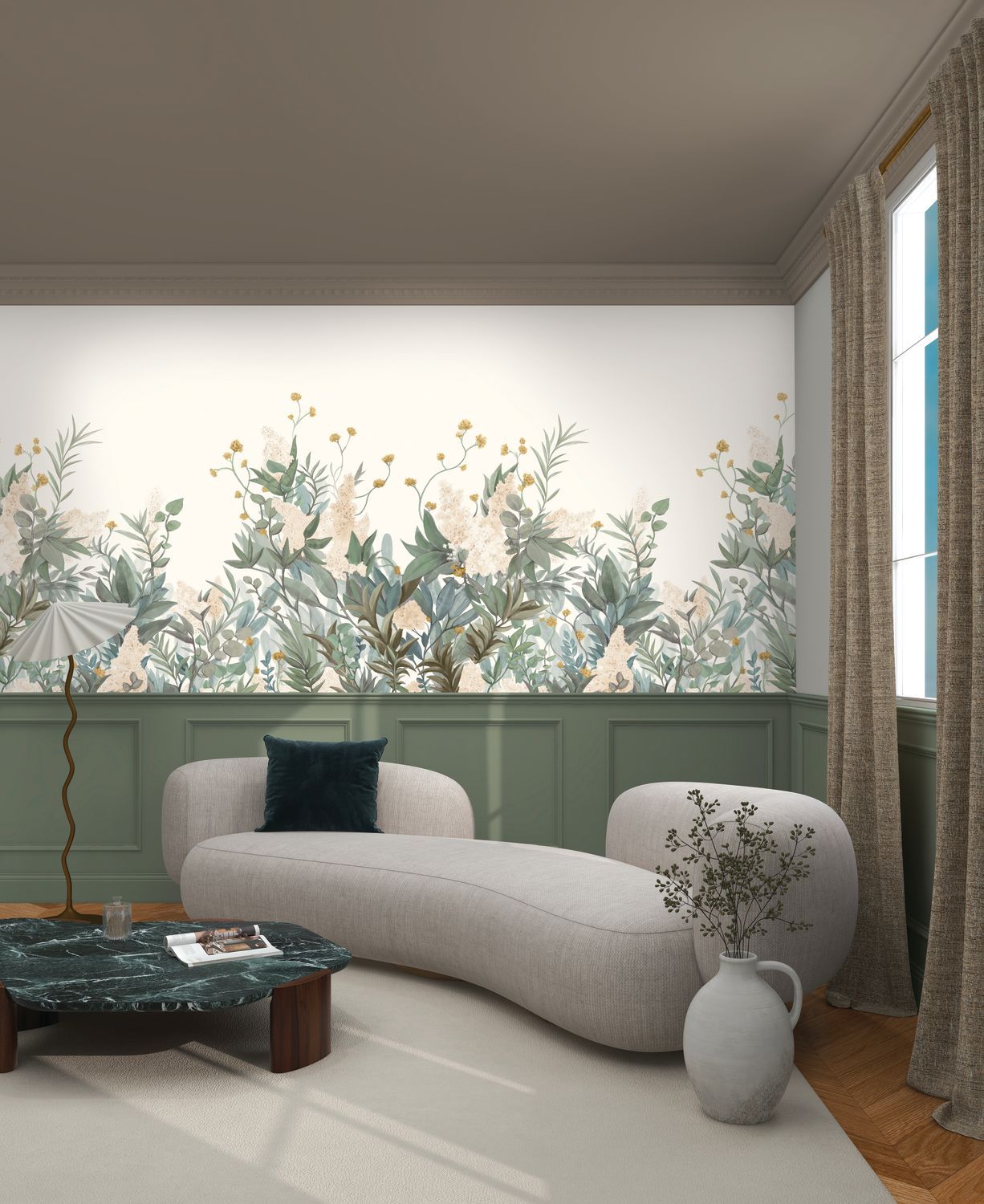 Wandbild mit pflanzlichem Motiv von WISTERIA in Grün und Beige