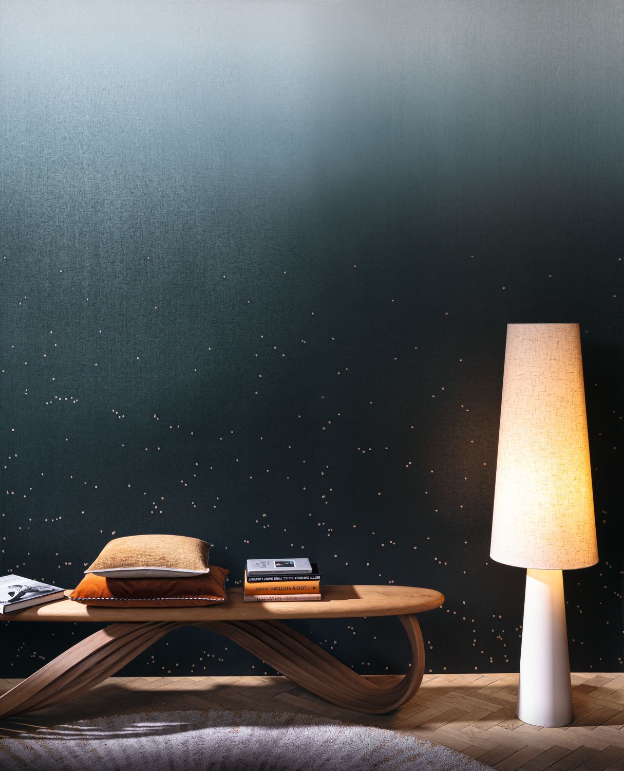 Textile mural gradient with a sky motif ASTRAL SOLAIRE gold with beige