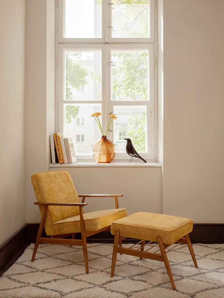 Podnóżek FOX żółty w tkaninie Marble Mustard 366 concept Eye on Design