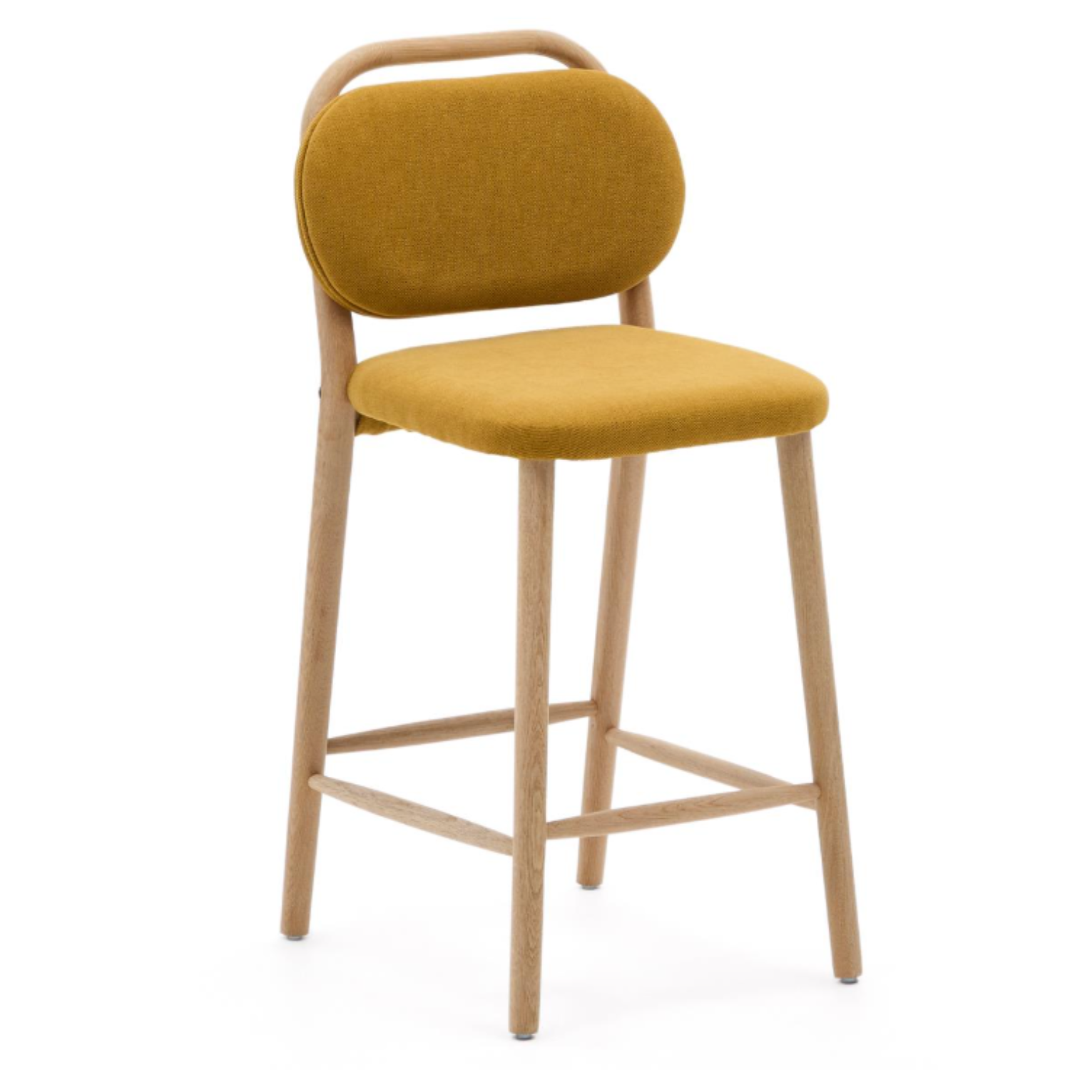 Hocker HELDA mosterdkleurig chenille met eiken basis