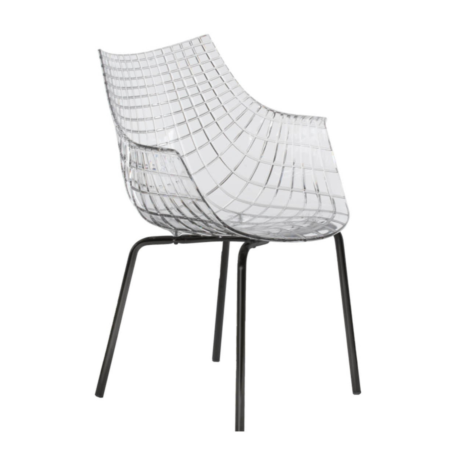 A transparent meridiana chair with a black base