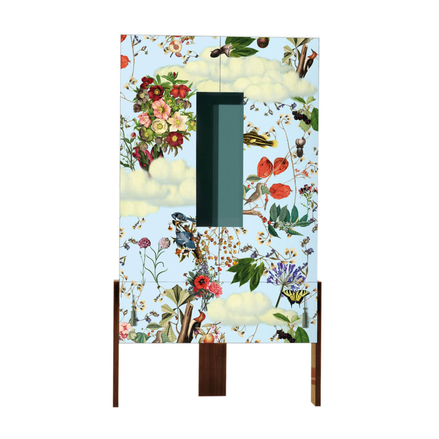 Blauwe ZIQQURAT kast met notenhouten basis