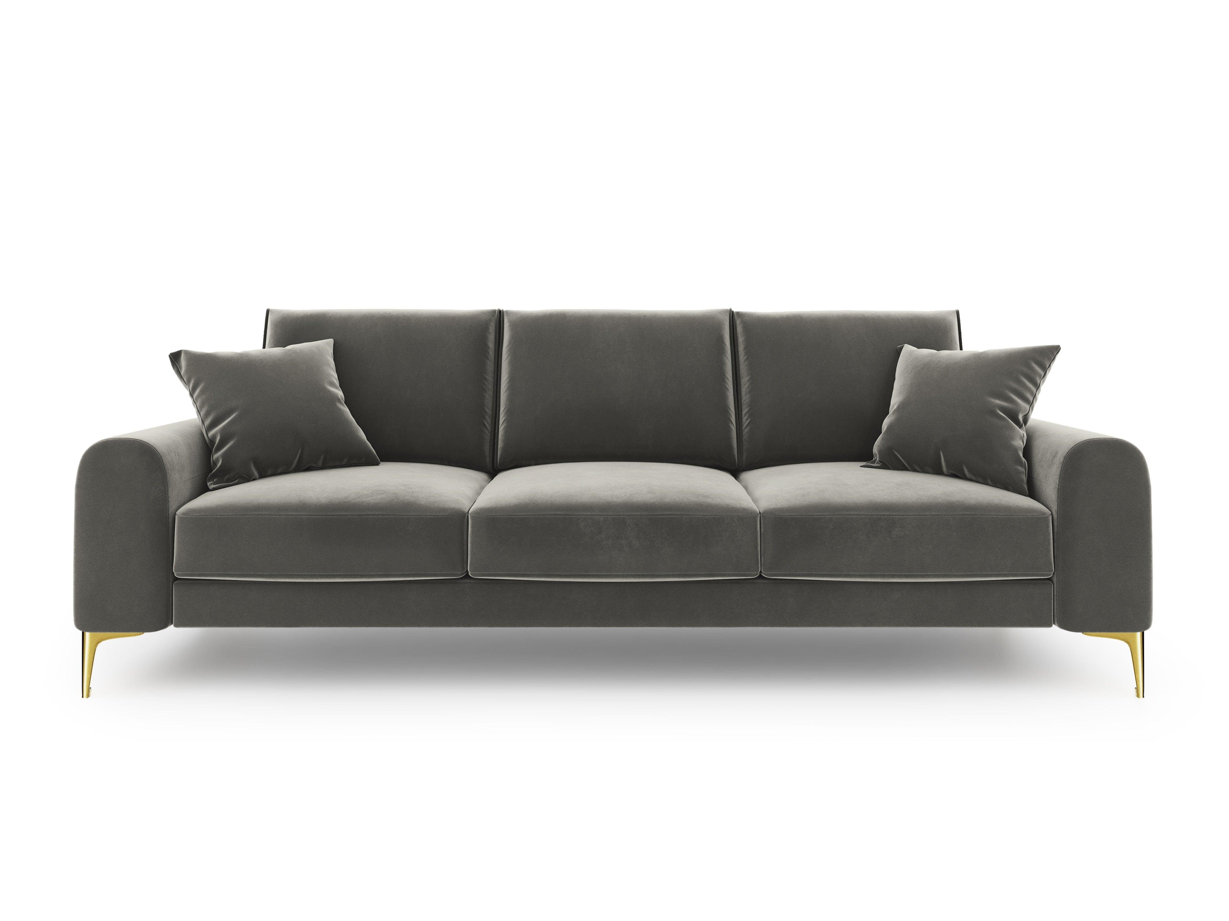 Sofa aksamitna 3-osobowa MADARA szary ze złotą podstawą Mazzini Sofas Eye on Design