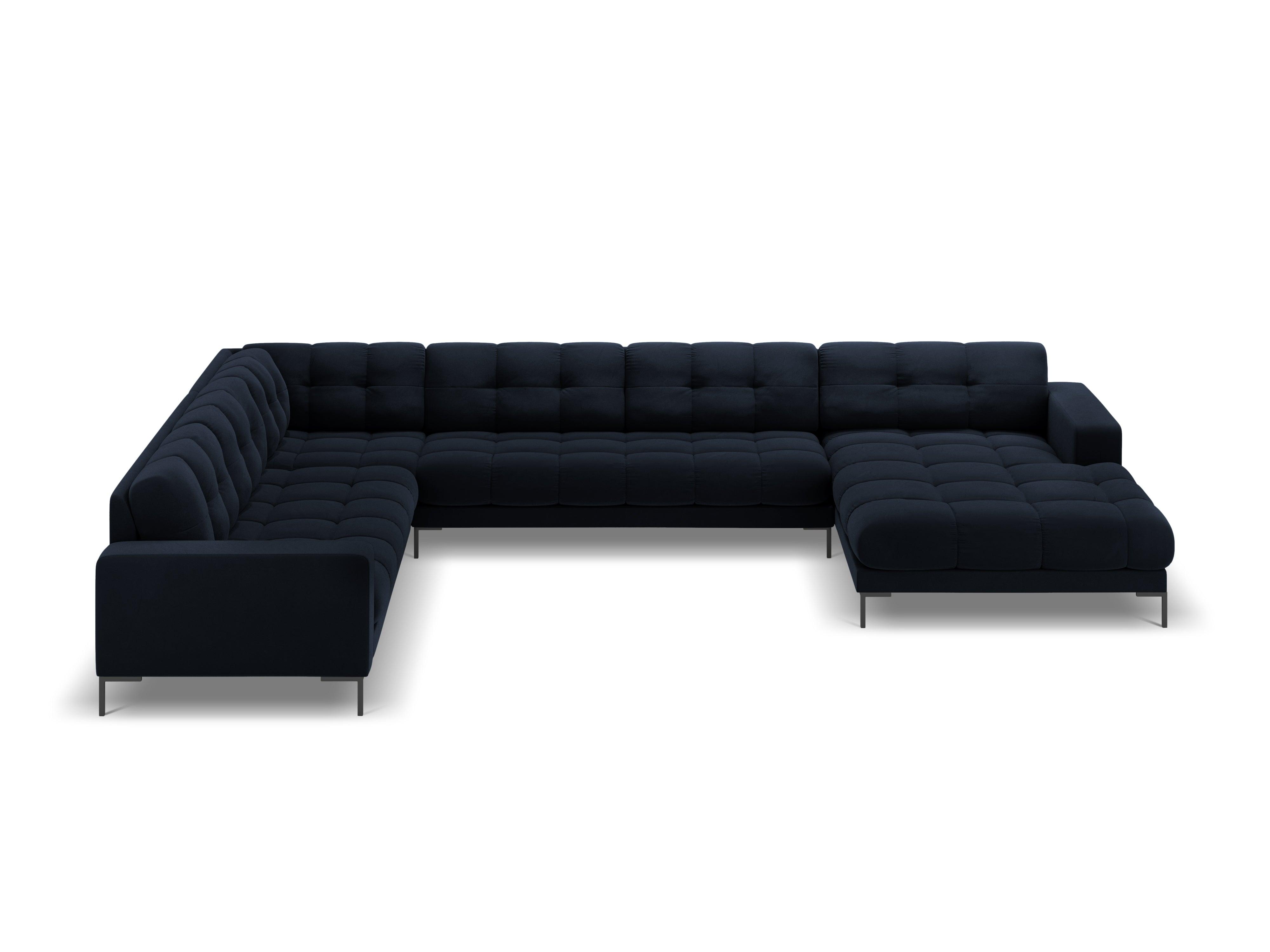 Sofa aksamitna panoramiczna lewostronna 7-osobowa BALI ciemnoniebieski z czarną podstawą Cosmopolitan Design Eye on Design