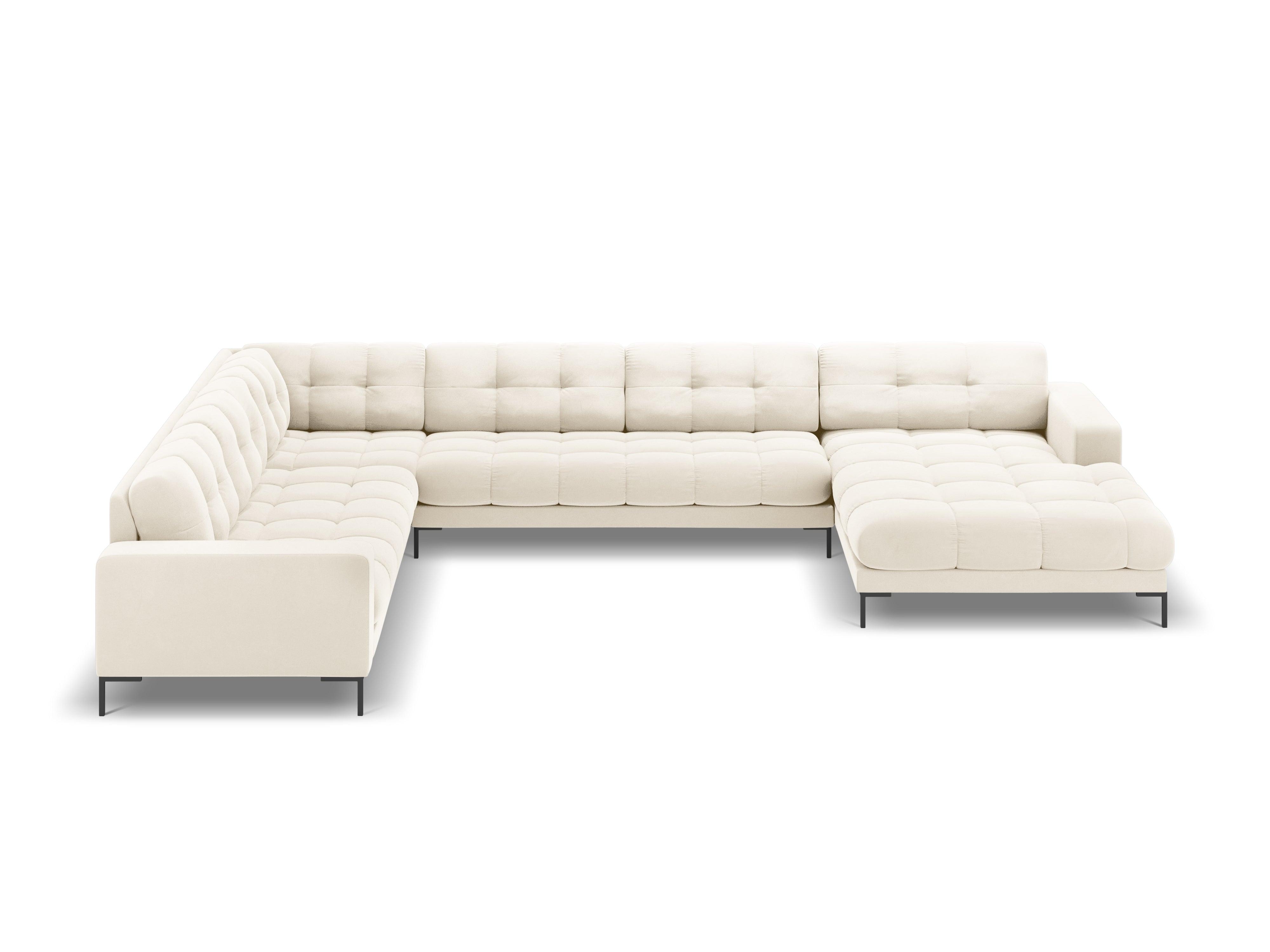 Sofa aksamitna panoramiczna lewostronna 7-osobowa BALI jasnobeżowy z czarną podstawą – Cosmopolitan Design
