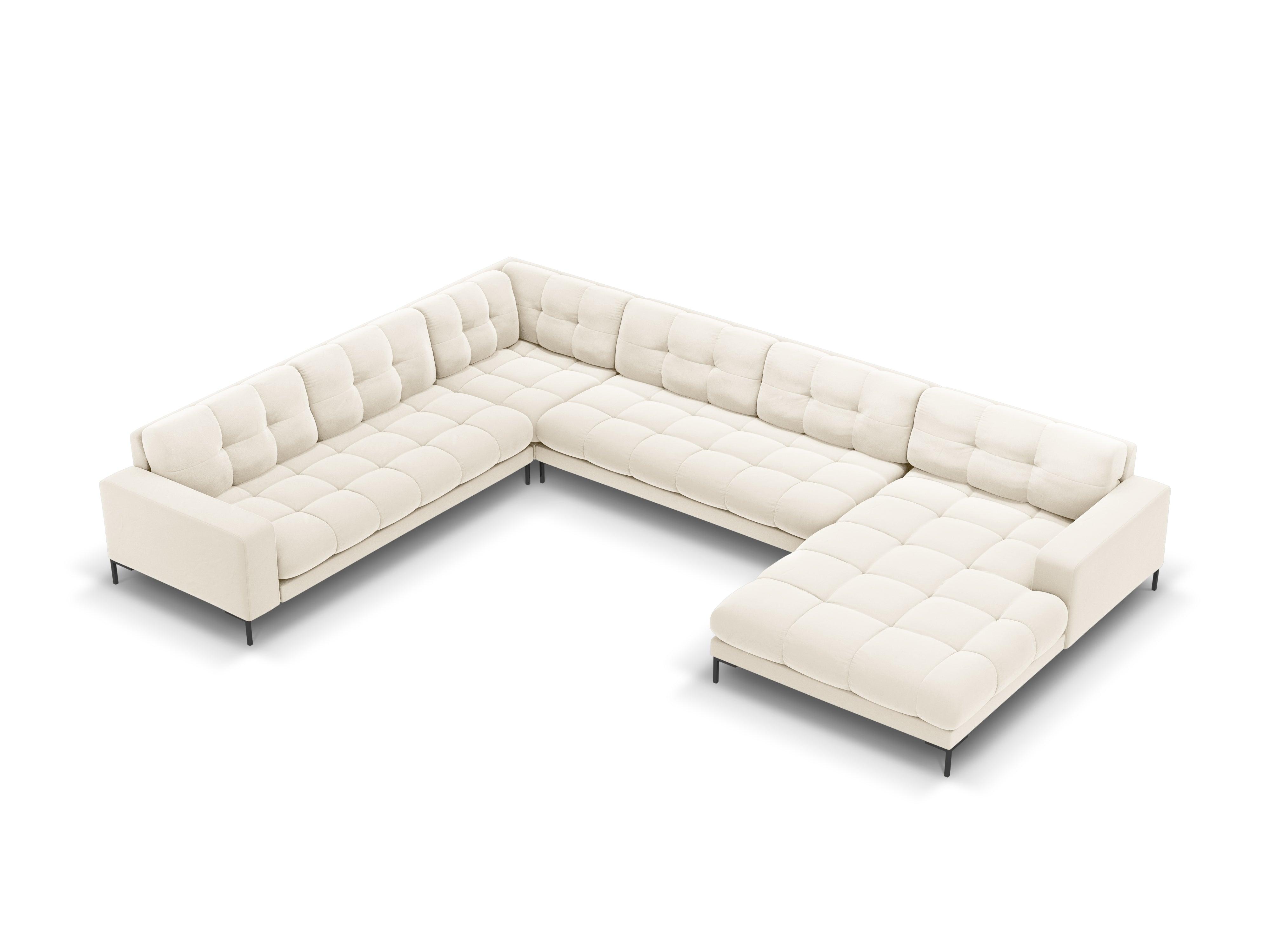 Sofa aksamitna panoramiczna lewostronna 7-osobowa BALI jasnobeżowy z czarną podstawą do salonu