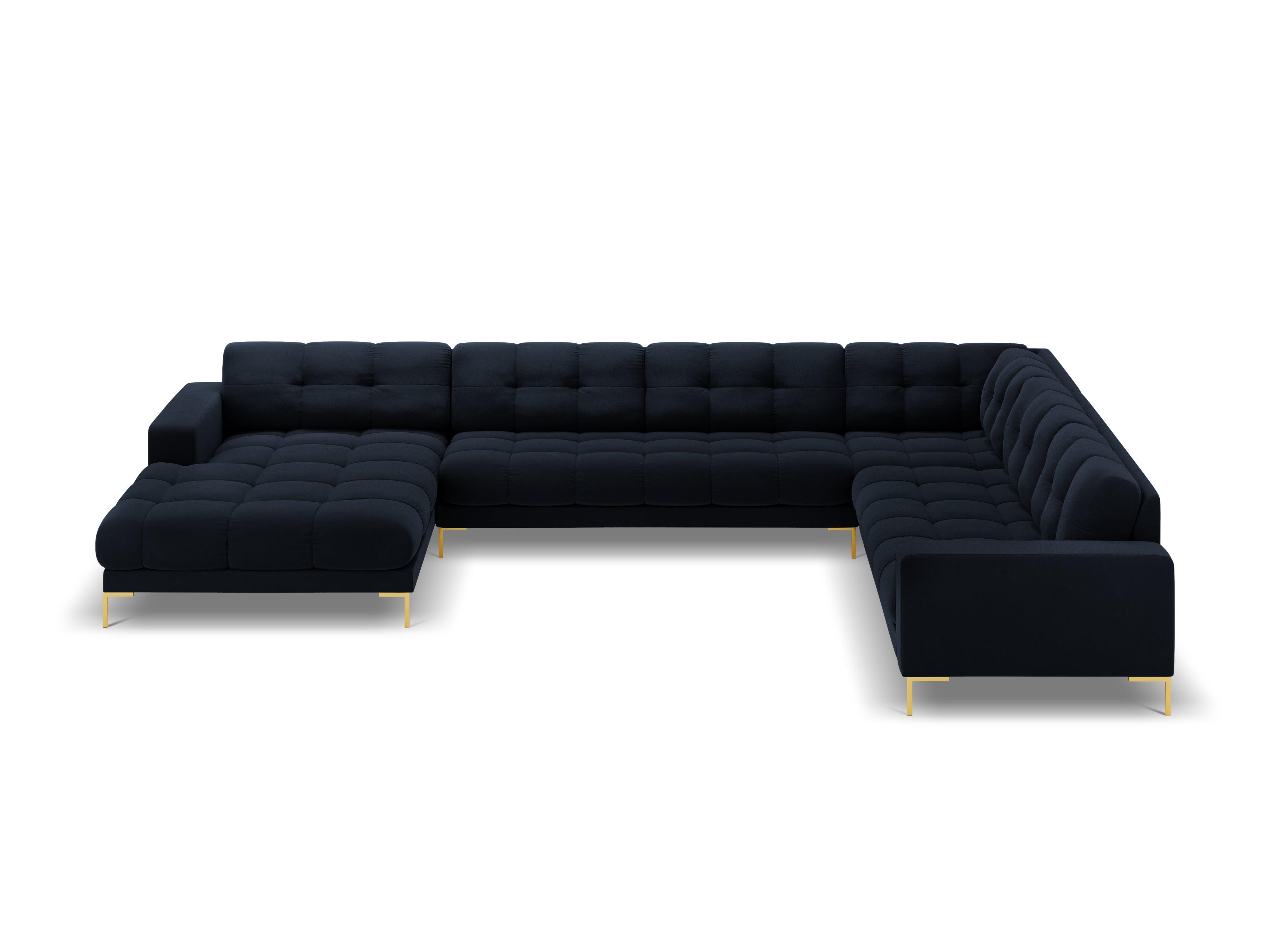 Sofa aksamitna panoramiczna prawostronna 7-osobowa BALI ciemnoniebieski ze złotą podstawą – Cosmopolitan Design