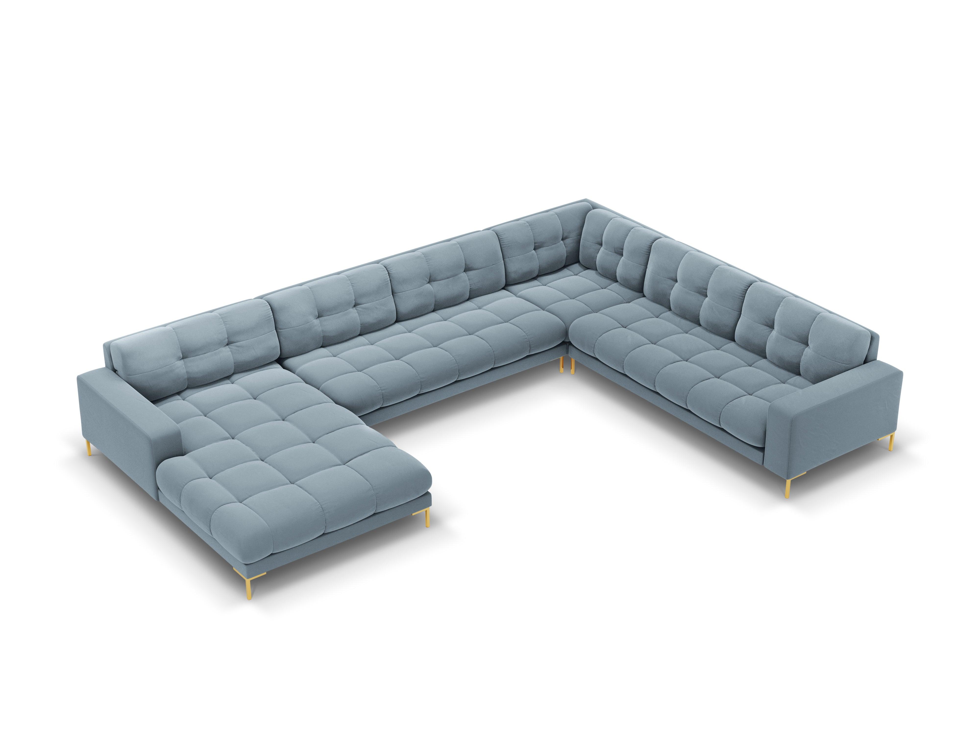 Sofa aksamitna panoramiczna prawostronna 7-osobowa BALI jasnoniebieski ze złotą podstawą Cosmopolitan Design Eye on Design