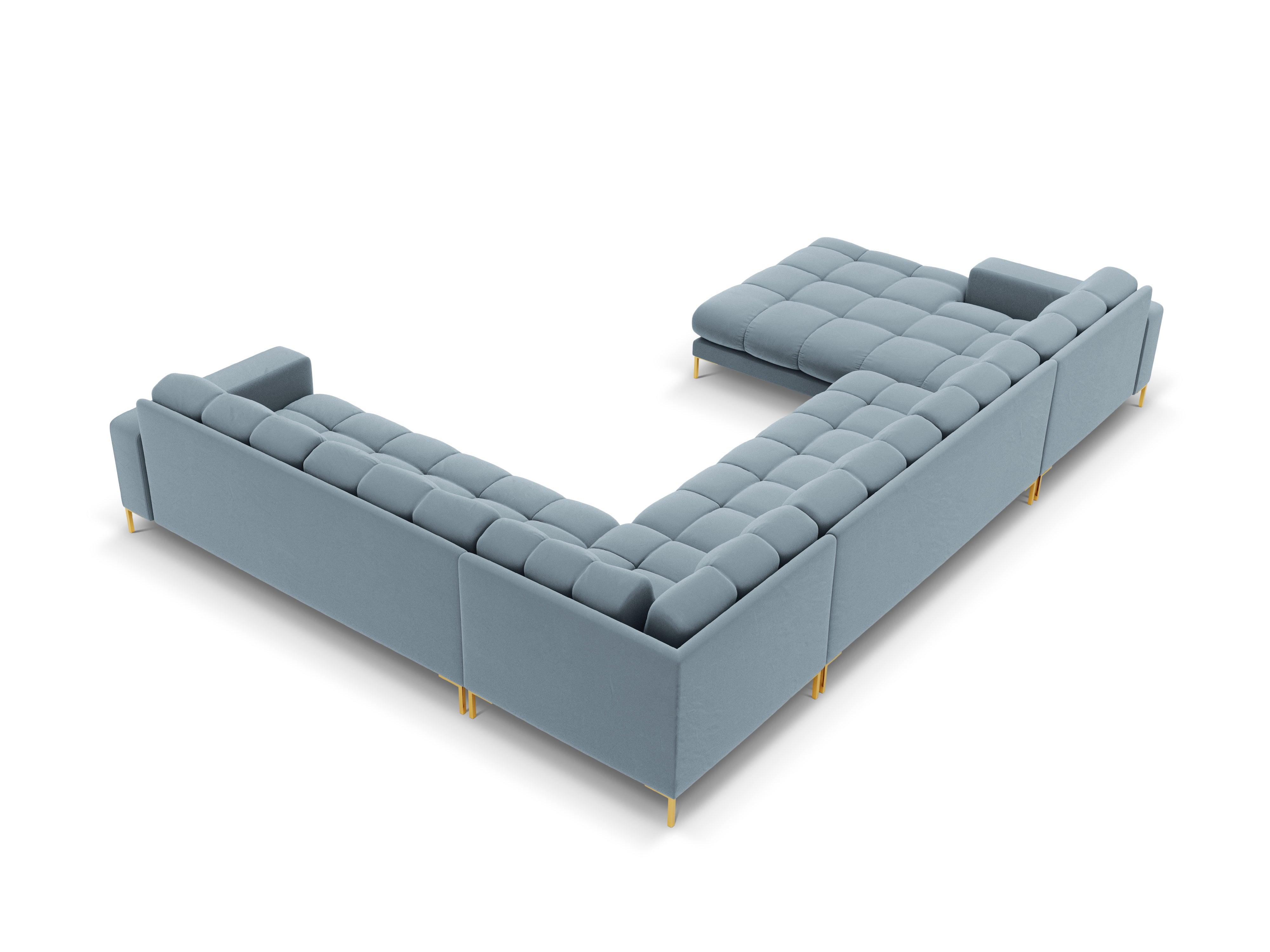 Sofa aksamitna panoramiczna prawostronna 7-osobowa BALI jasnoniebieski ze złotą podstawą Cosmopolitan Design Eye on Design