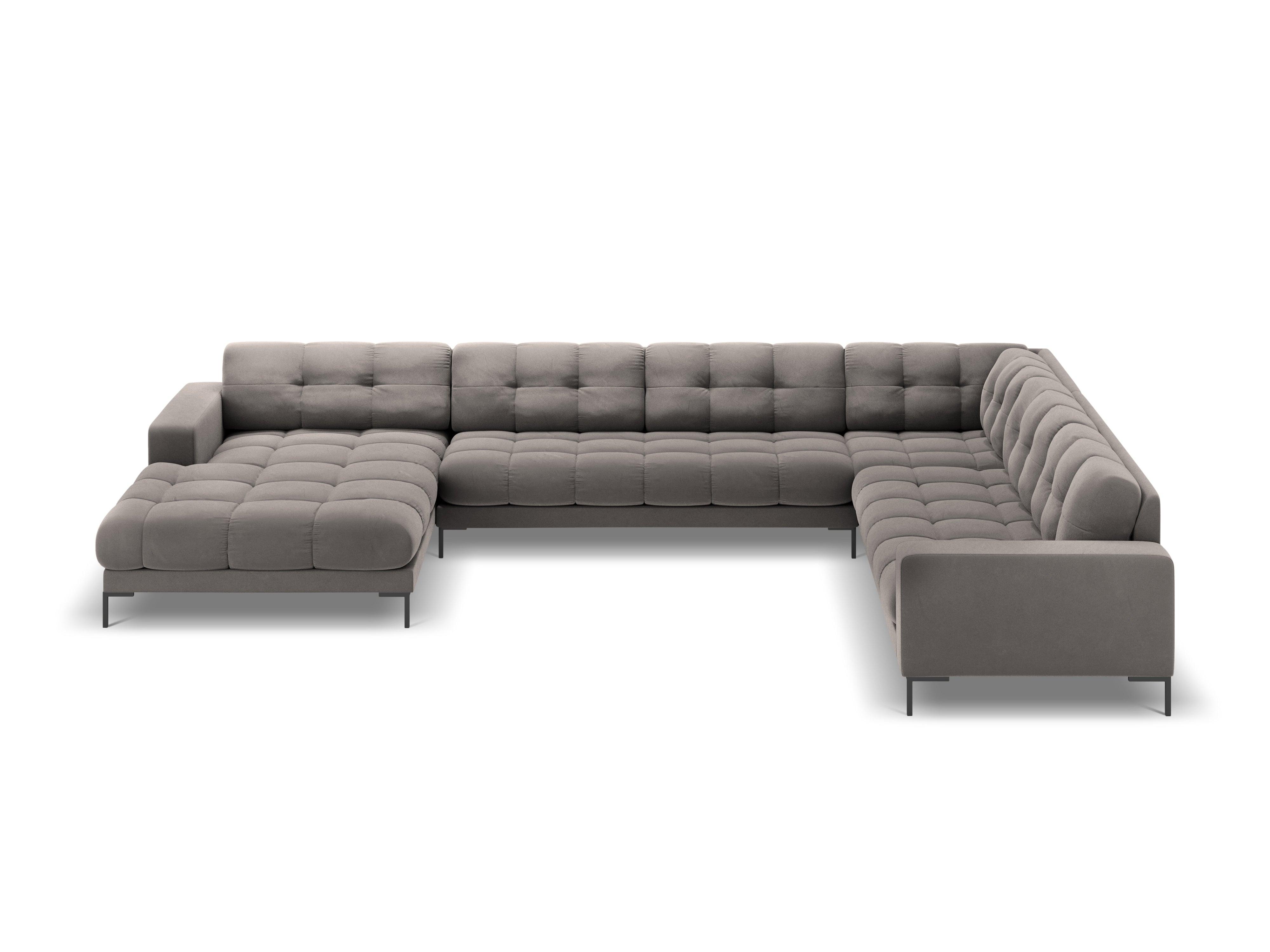 Sofa aksamitna panoramiczna prawostronna 7-osobowa BALI jasnoszary z czarną podstawą Cosmopolitan Design Eye on Design
