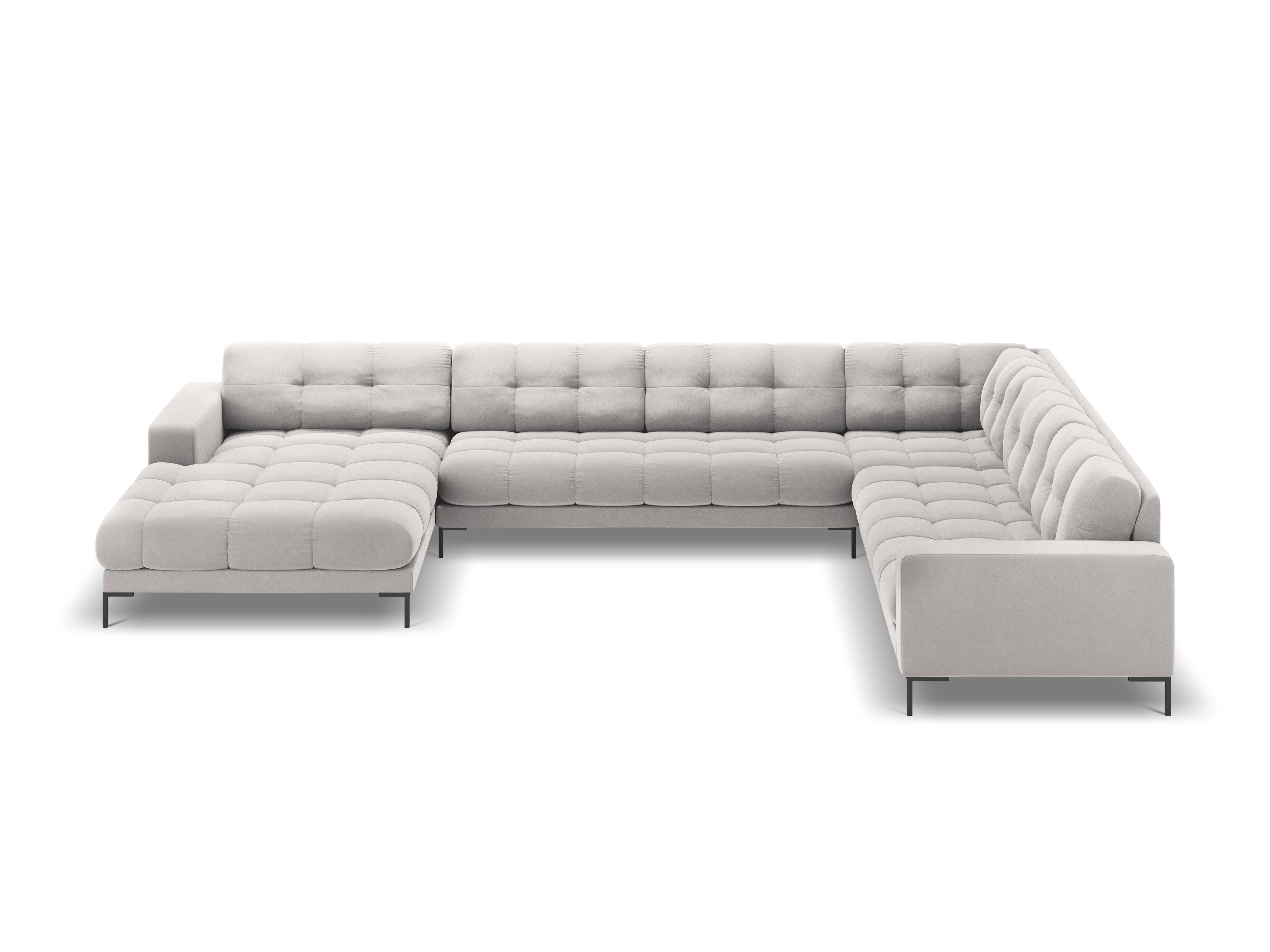 Sofa aksamitna panoramiczna prawostronna 7-osobowa BALI srebrny z czarną podstawą Cosmopolitan Design Eye on Design
