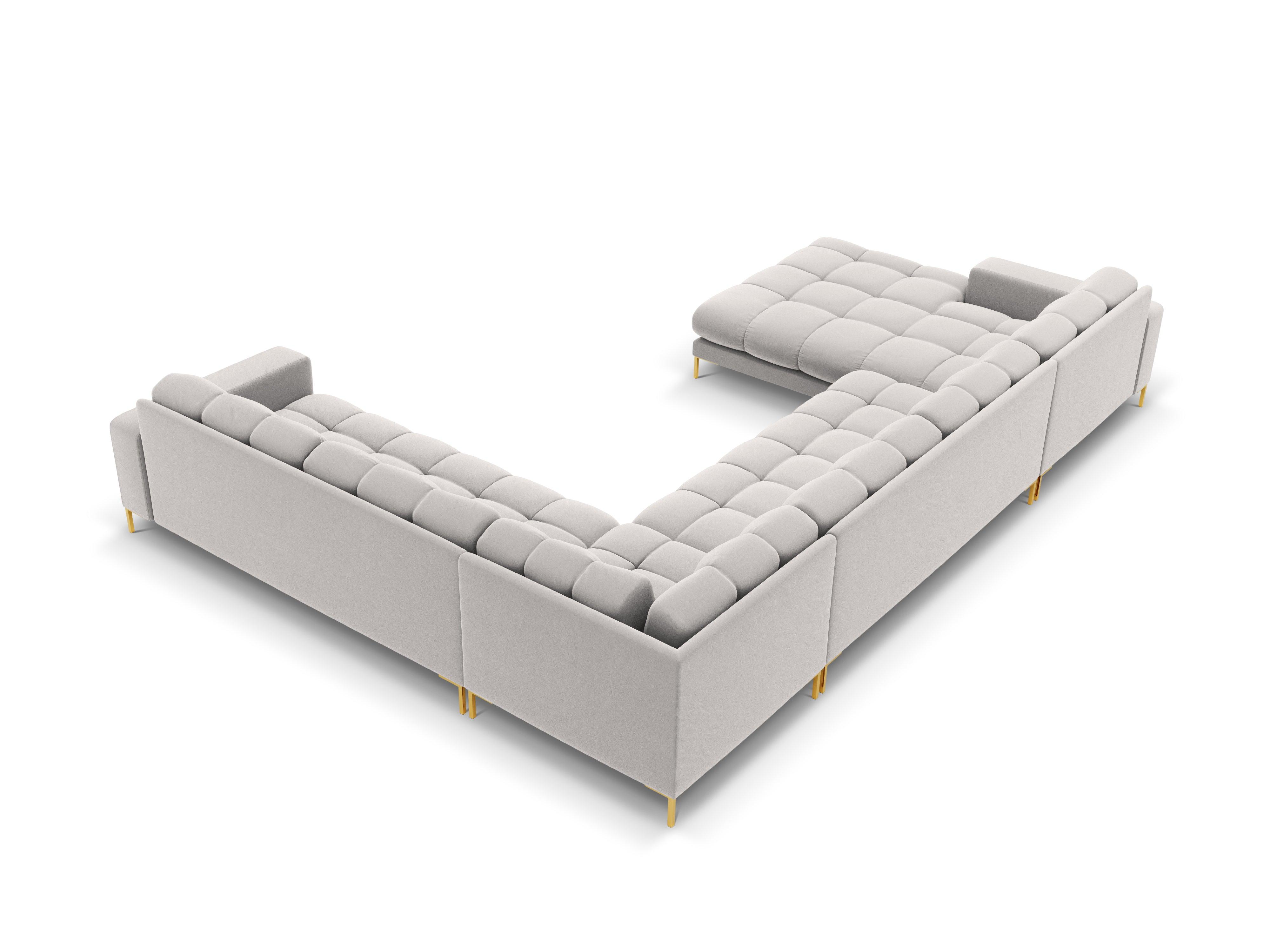 Sofa aksamitna panoramiczna prawostronna 7-osobowa BALI srebrny ze złotą podstawą Cosmopolitan Design Eye on Design