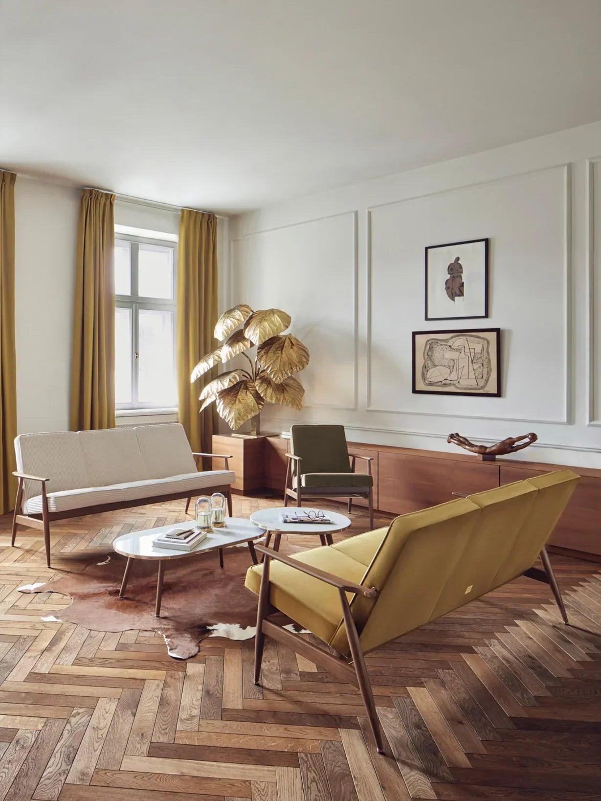 Sofa dzielona FOX METAL żółtay w tkaninie Boucle Mustard 366 concept Eye on Design