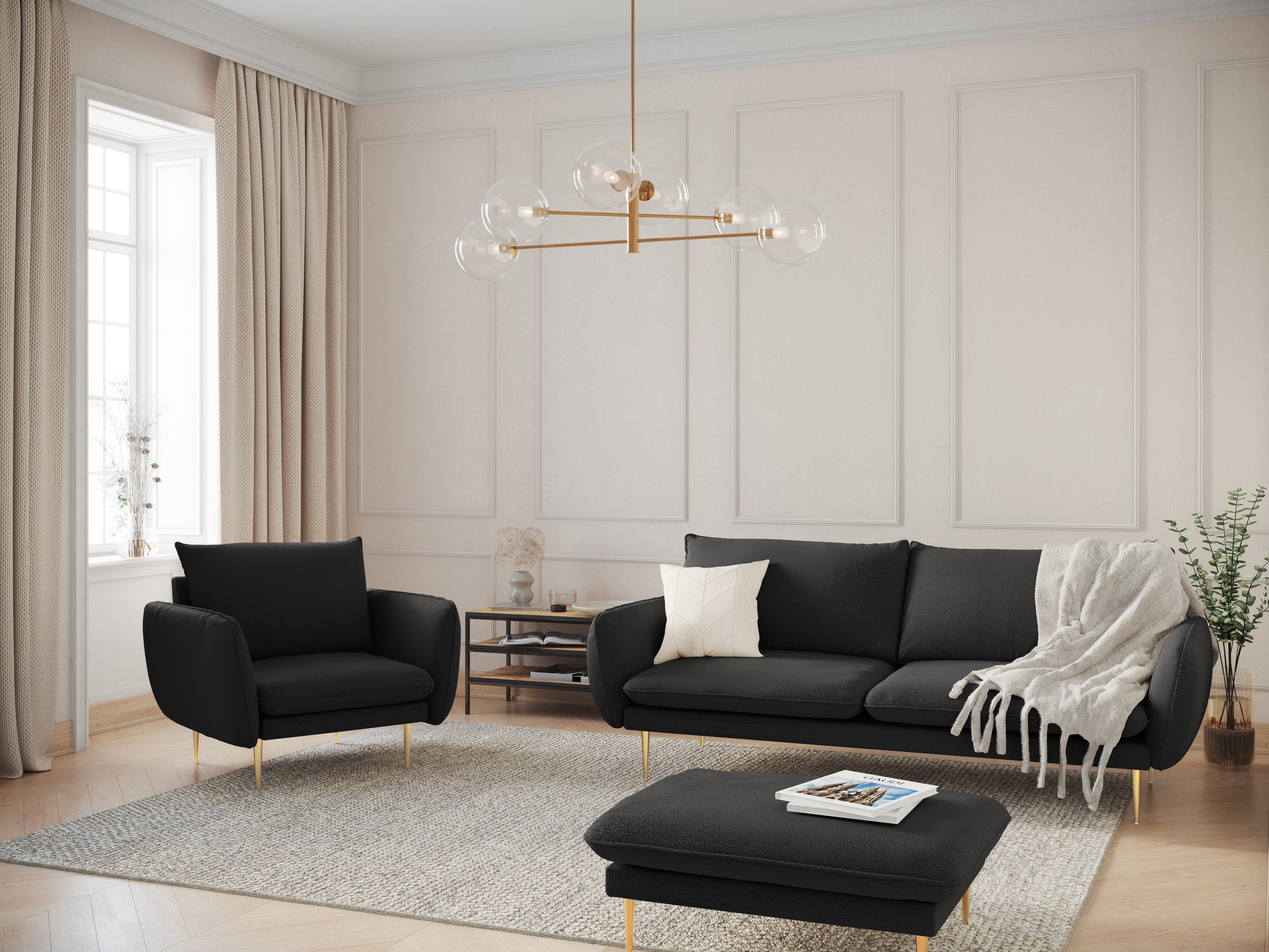 Sofa w tkaninie boucle 2-osobowa VIENNA czarny ze złotą podstawą Cosmopolitan Design Eye on Design