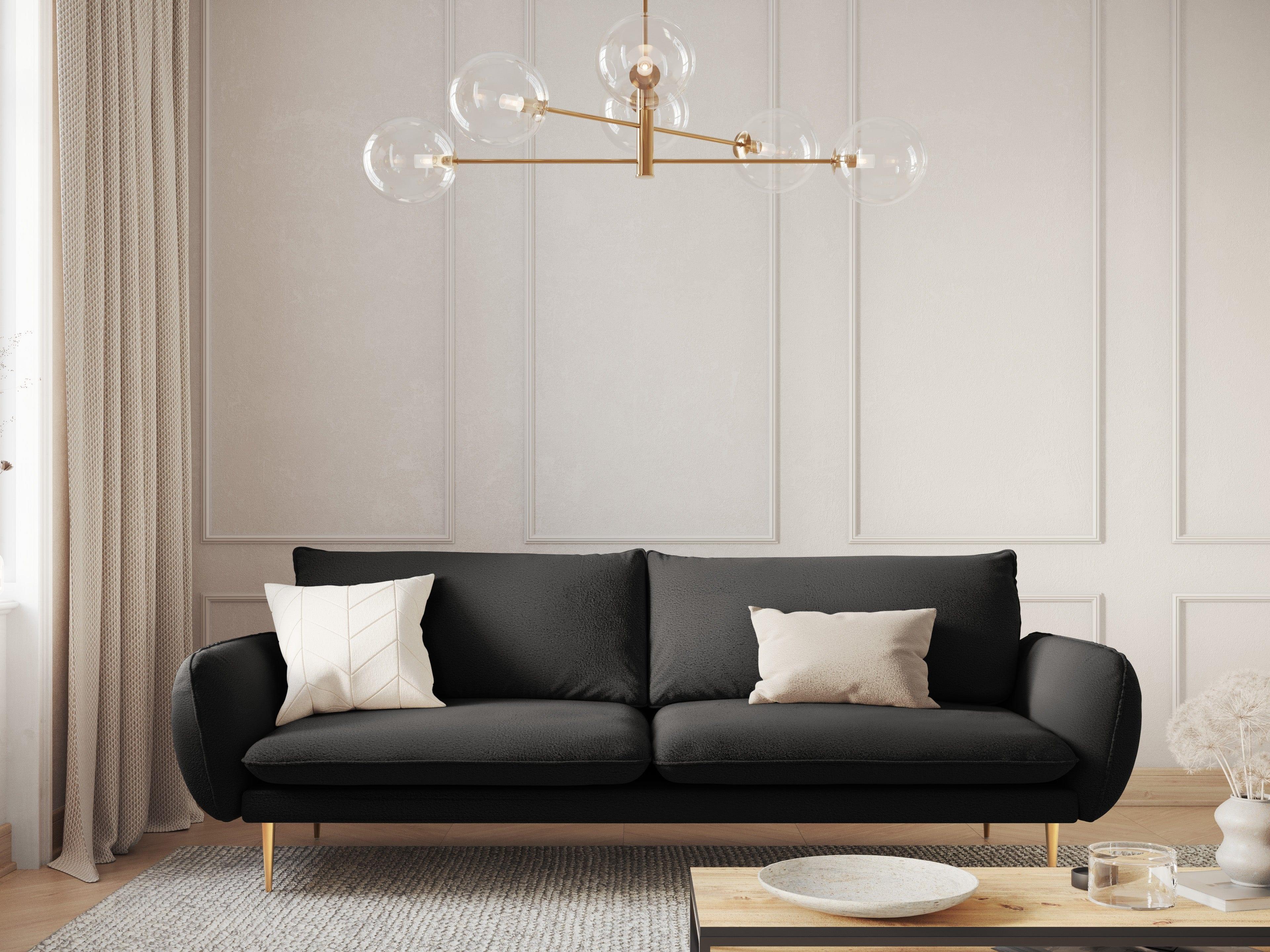 Sofa w tkaninie boucle 4-osobowa VIENNA czarny ze złotą podstawą Cosmopolitan Design Eye on Design