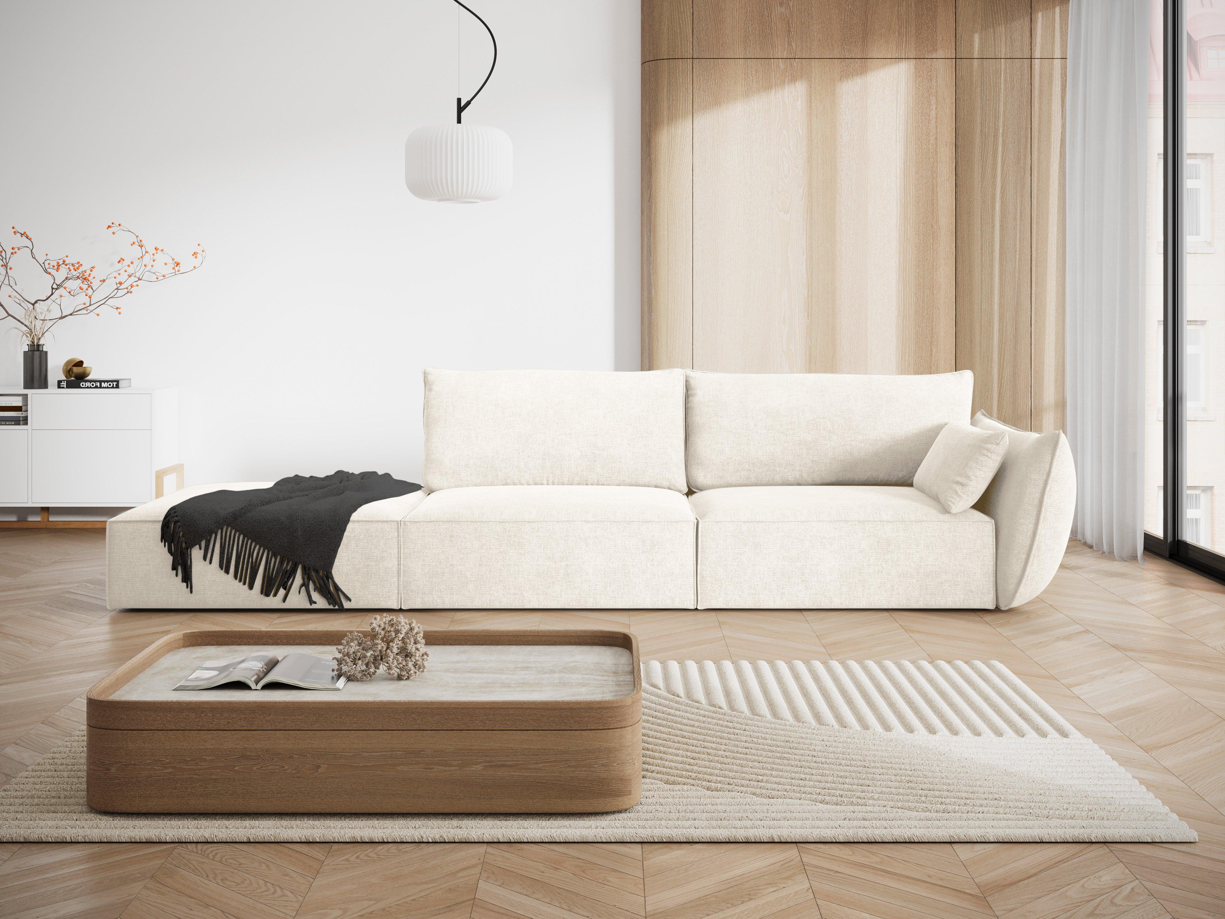 Sofa w tkaninie szenilowej lewostronna otwarta VANDA jasnobeżowy – styl nowoczesny