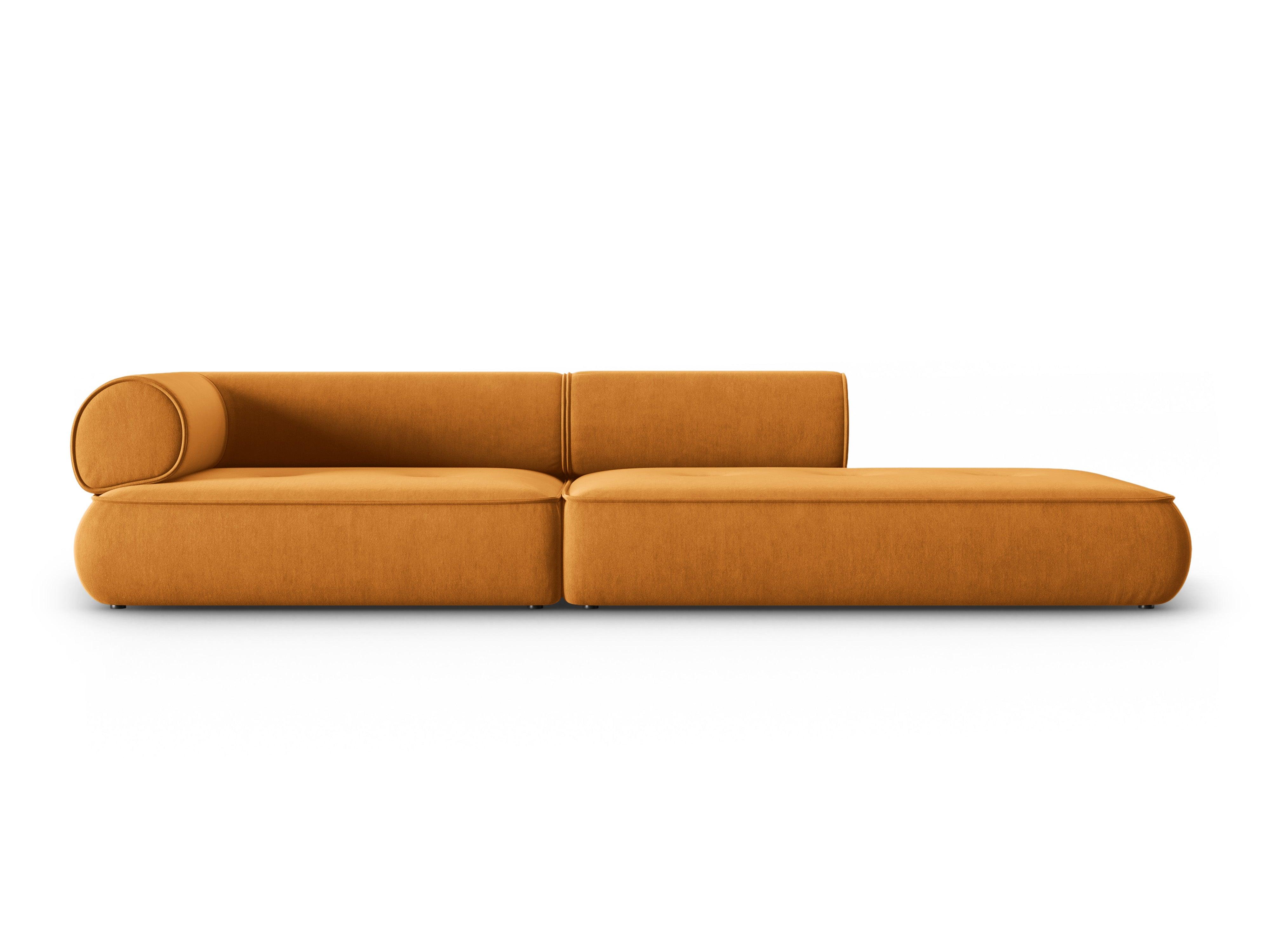 Sofa w tkaninie szenilowej otwarta prawostronna LILY musztardowy Maison Heritage Eye on Design