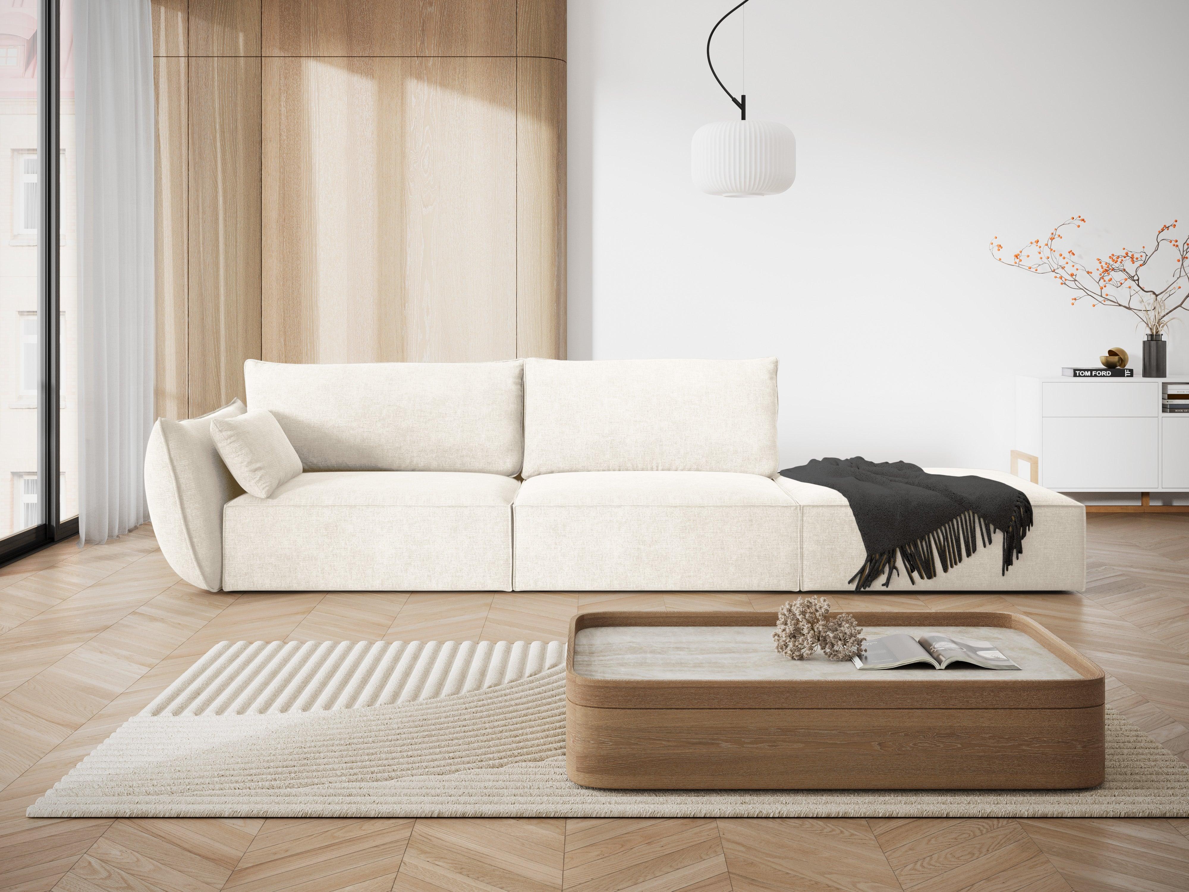 Sofa w tkaninie szenilowej prawostronna otwarta VANDA jasnobeżowy do salonu