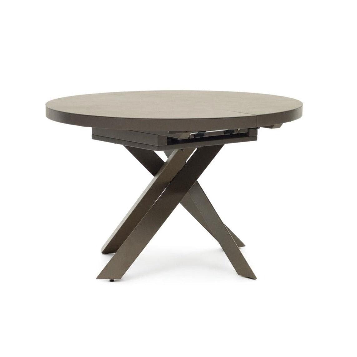 Stół rozkładany okrągły VASHTI porcelanowy blat z brązową podstawą La Forma Eye on Design