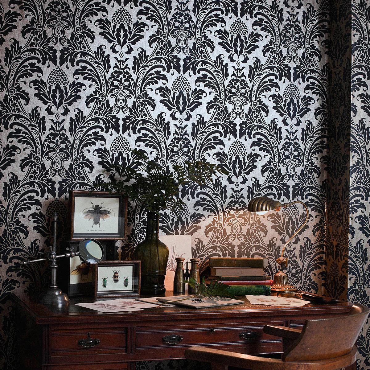 Metallic Wallpaper with Ornaments ALBEMARLE - Blake White on Metallic Silver