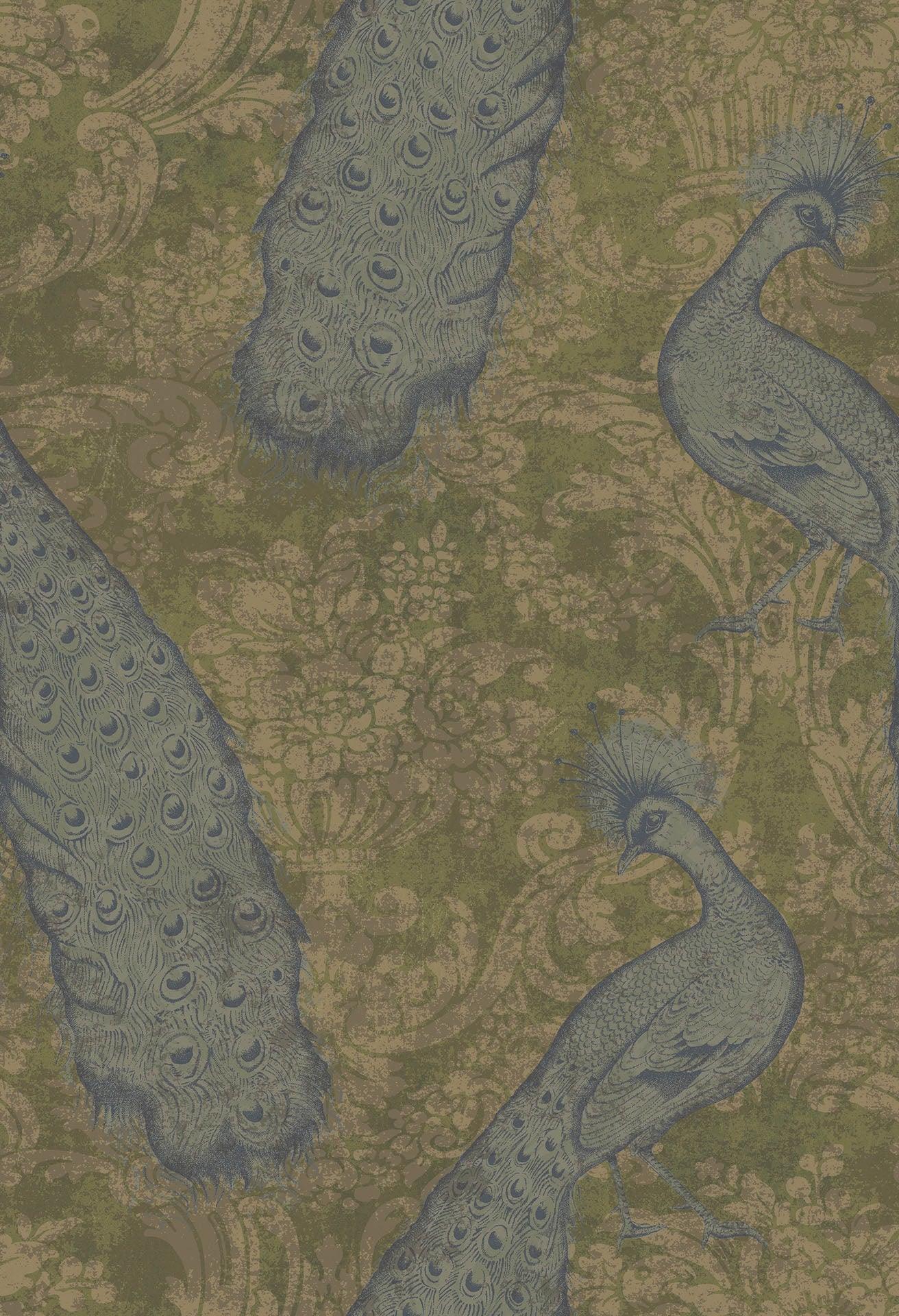 Metalen behang met dierenmotief in pauw ALBEMARLE - Byron turkoois en goud