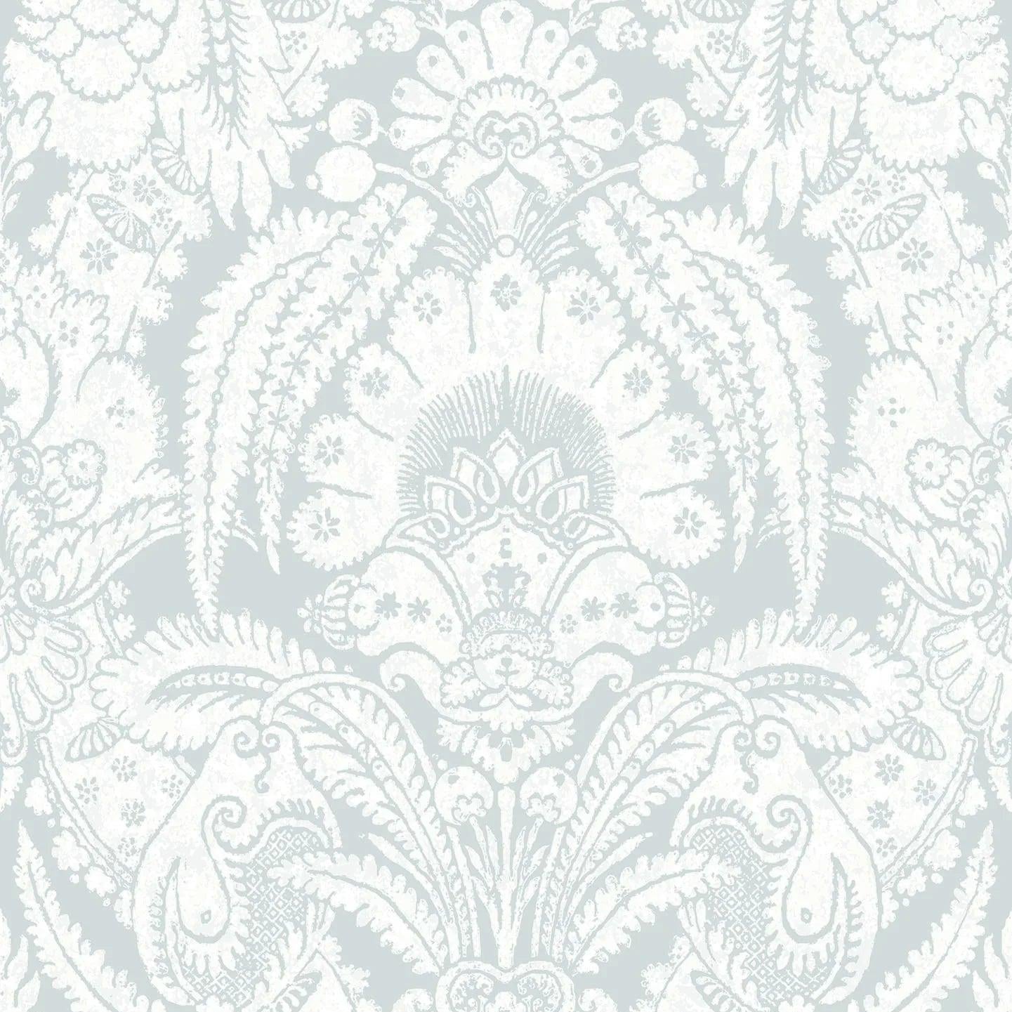 Tapeta z motywem roślinnym z ornamentami ALBEMARLE - Chatterton biały na błękicie – Cole & Son