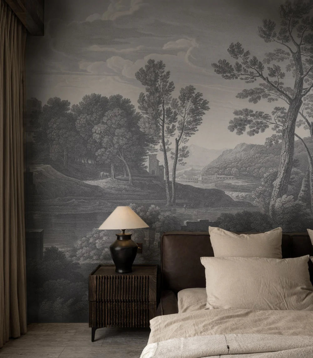 Tapeta flizelinowa z krajobrazem ANCIENT RIVERSIDE GROVE szary – Wallcolors