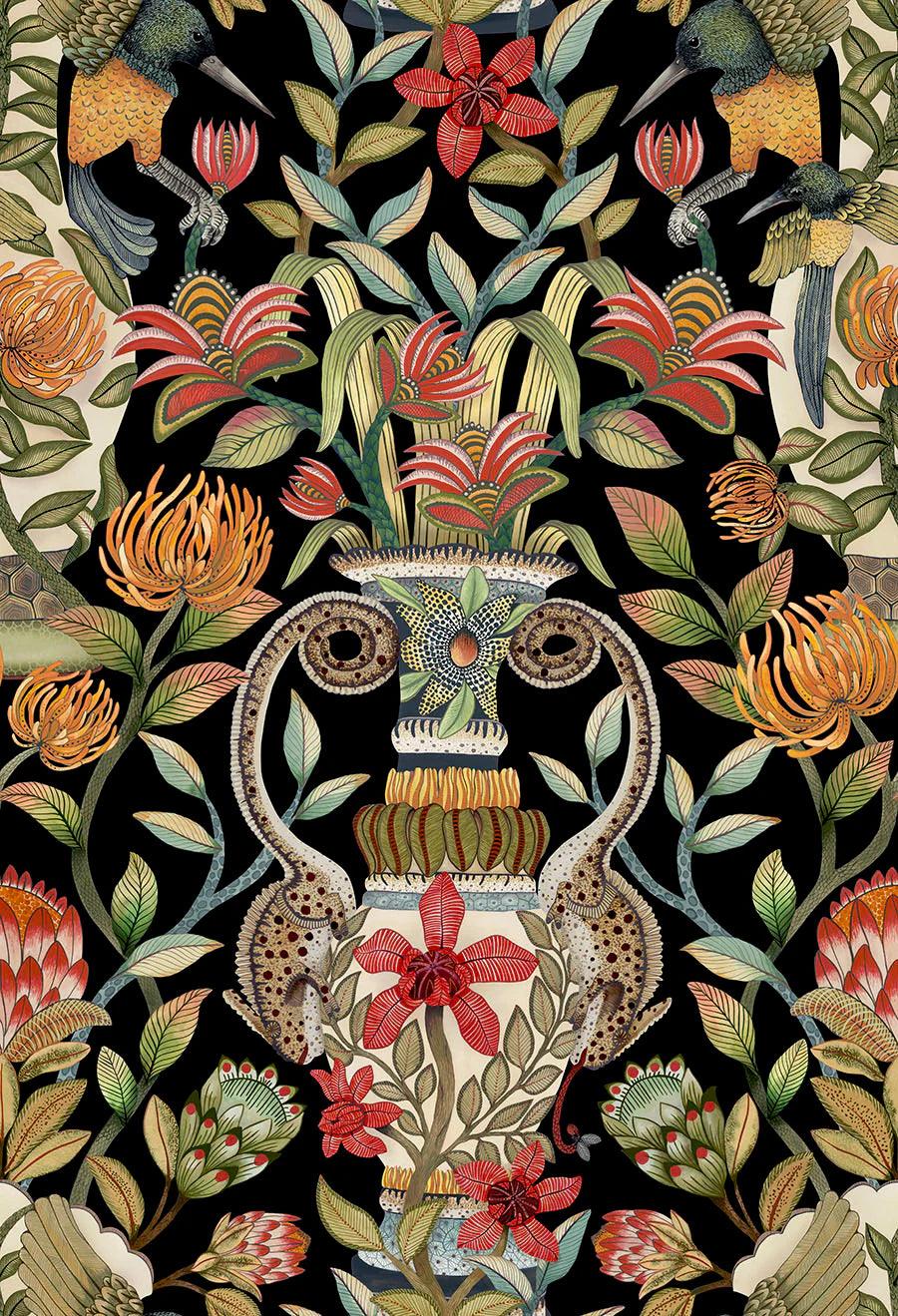 Tapeta z motywem roślinnym i zwierzęcym ARDMORE JABULA - Protea Garden czarny, marka Cole & Son