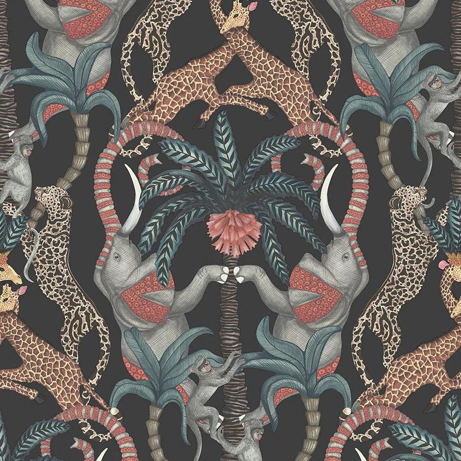 Tapeta z motywem zwierzęcym ARDMORE JABULA - Safari Totem turkus na czarnym – Cole & Son