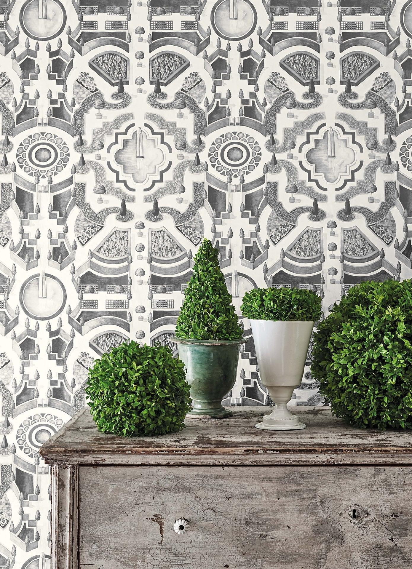 Tapeta z krajobrazem ogrodów BOTANICAL BOTANICA - Topiary szary na ścianę
