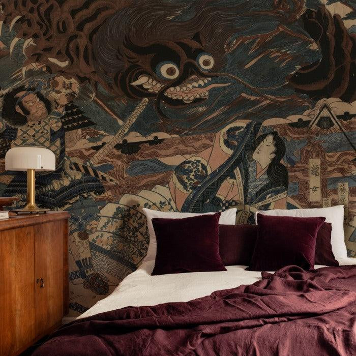 Tapeta flizelinowa z motywem wojownika BUSHIDO zgaszony niebieski – Wallcolors