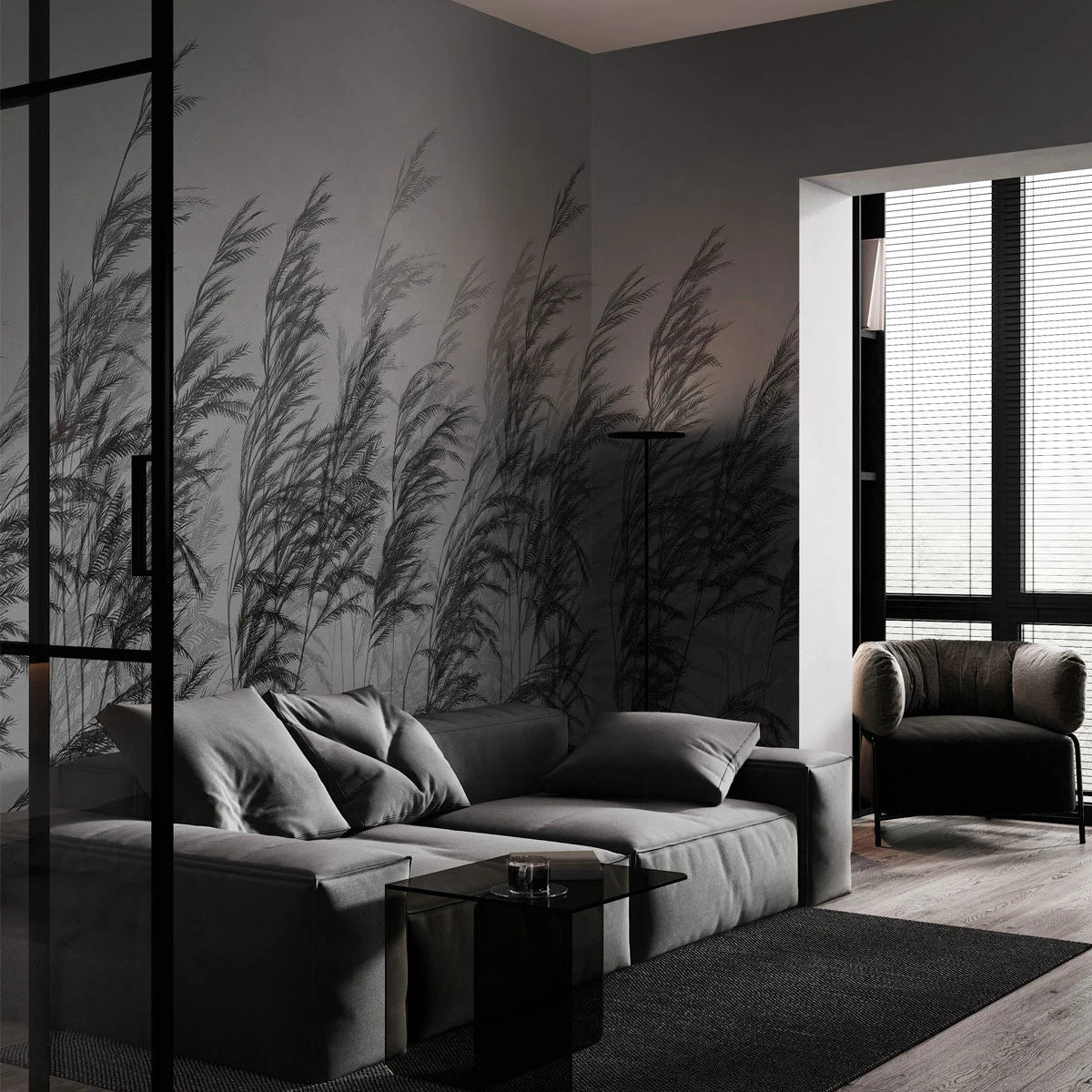 Gray leaf-patterned wallpaper with a plant motif