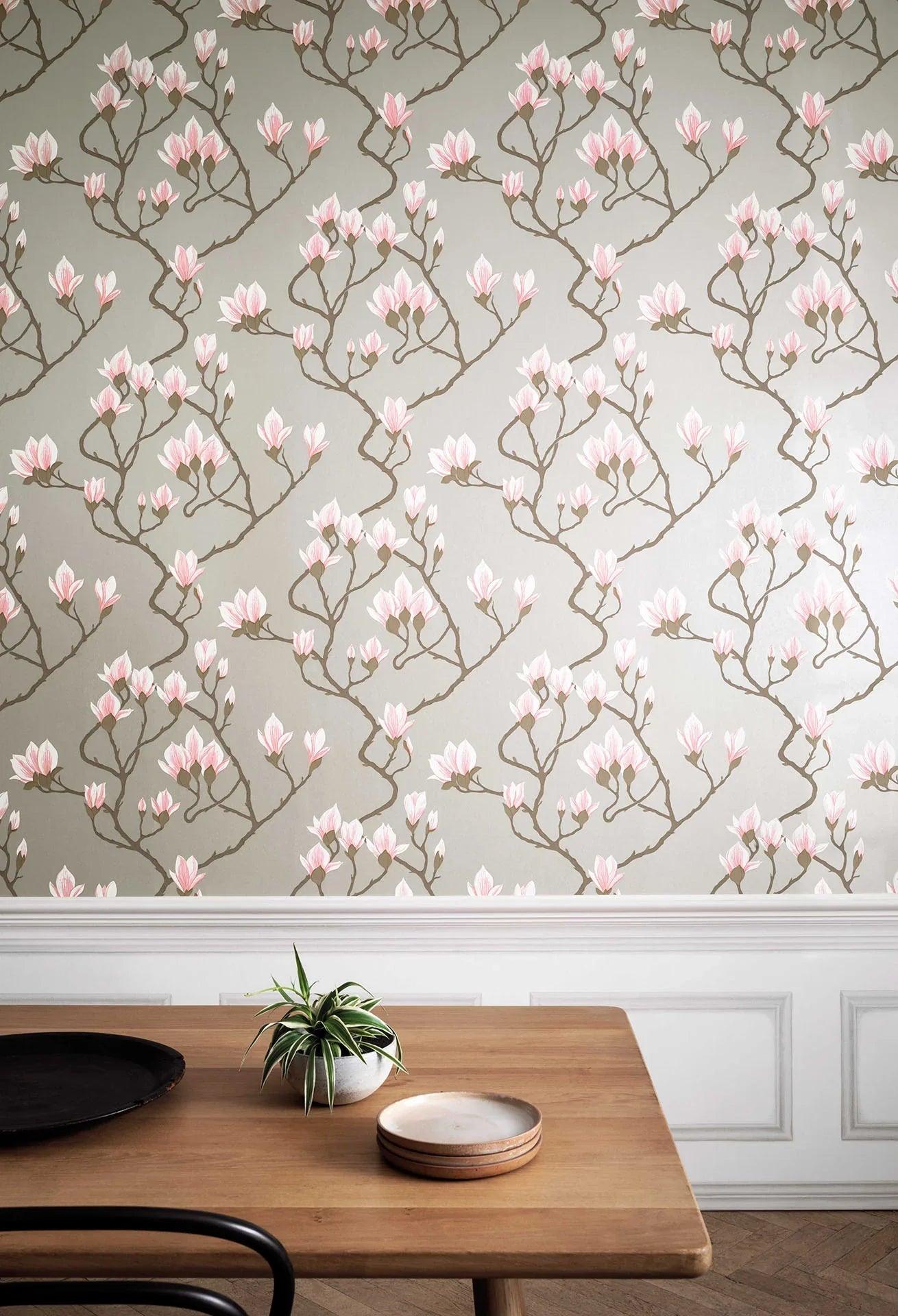 Wallpaper with a plant motif of magnolia flowers CONTEMPORARY COLLECTION - Metallic brown magnolia