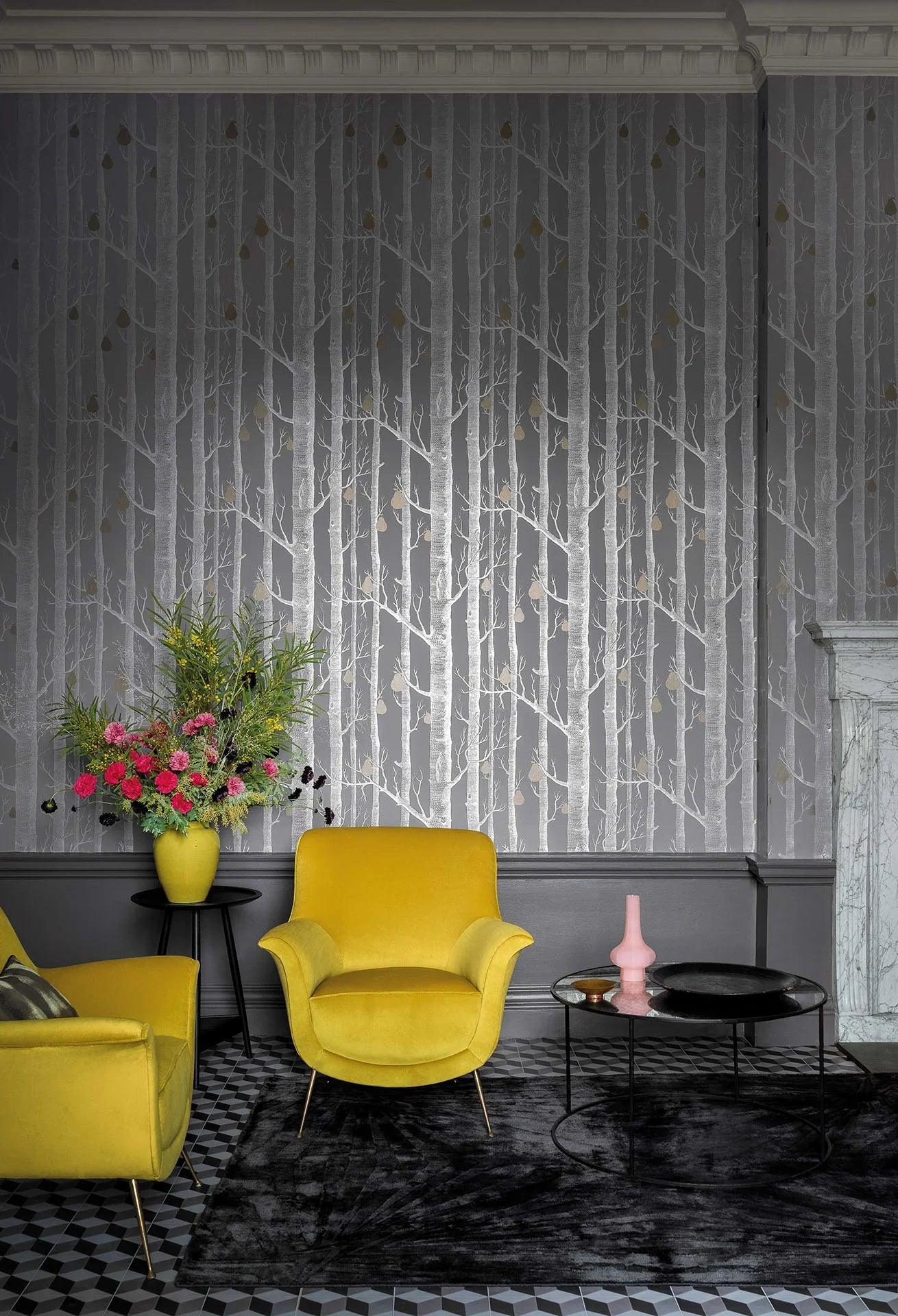 Tapeta z motywem roślinnym drzew CONTEMPORARY COLLECTION - Woods & Pears biel na czarnym – metal
