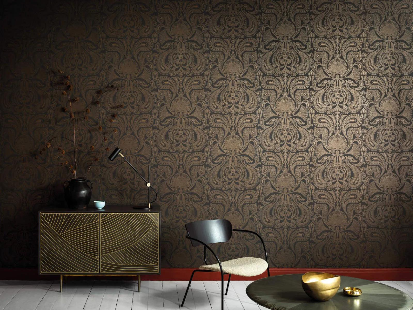 Contemporary Restyled Wallpaper with Ornaments - Metallic Silver Malabar on Black